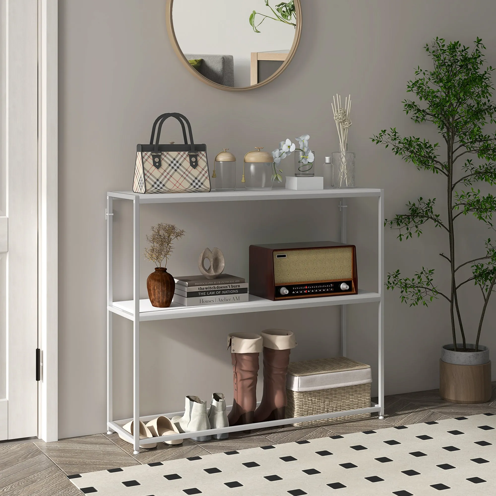 Console Table for Entrance Hall with Open Shelf, in Steel and Chipboard, 100x30x87 cm, White - Image 2
