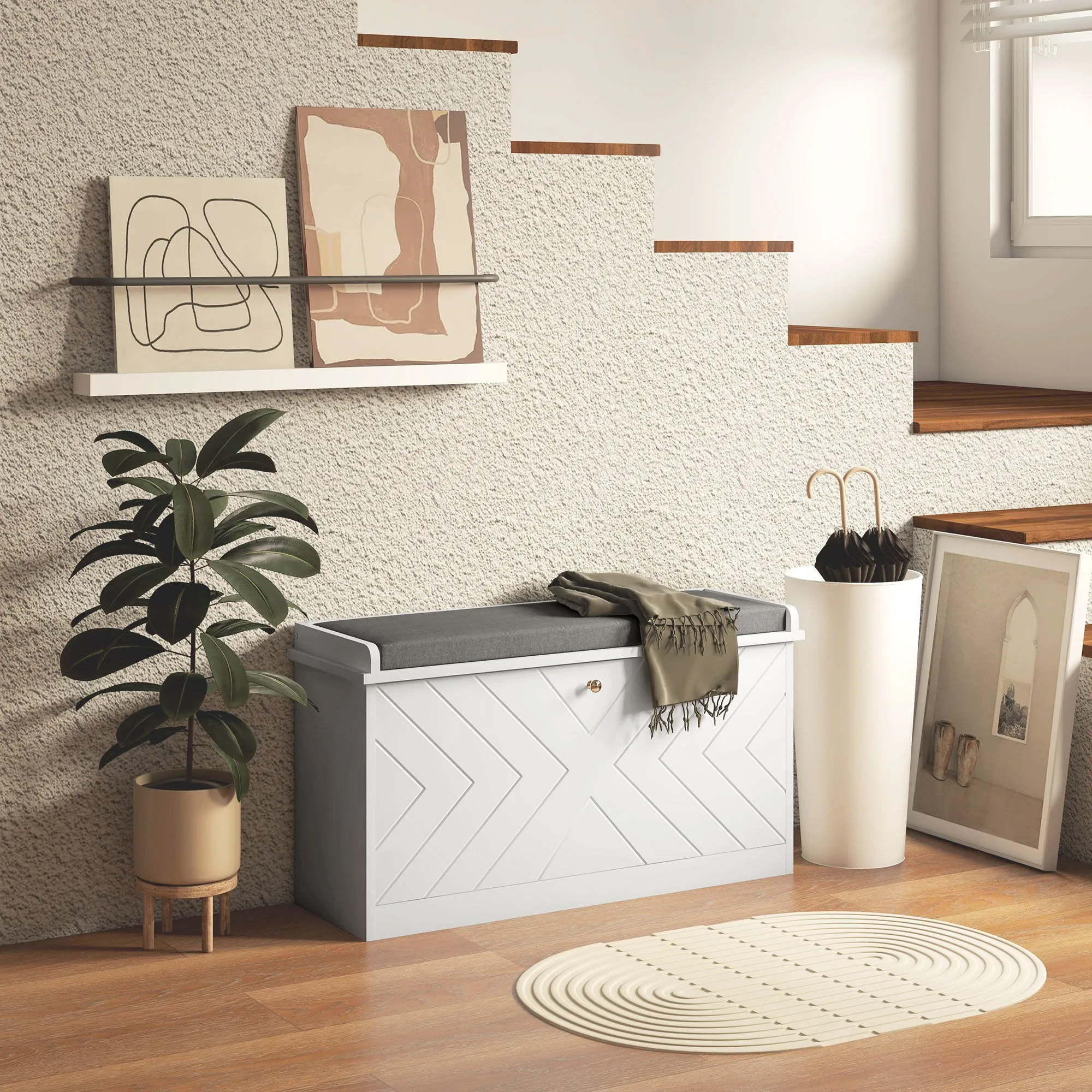 Space-Saving Shoe Cabinet Bench with Cushion and Folding Drawer for 8 Pairs of Shoes, White - Image 2