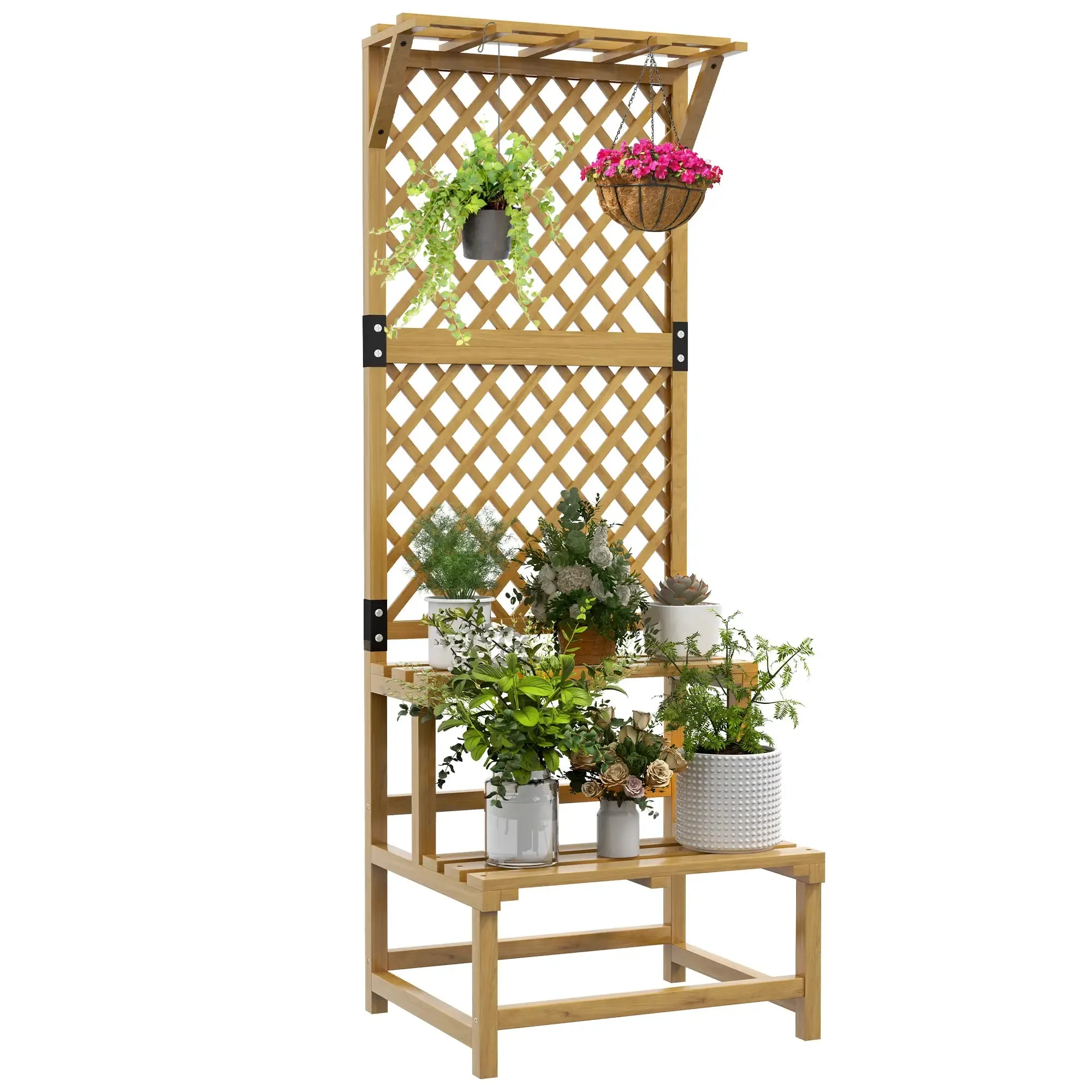 2-Tier Planter with Slatted Roof and Shelves, Fir Wood, 60x50x166 cm