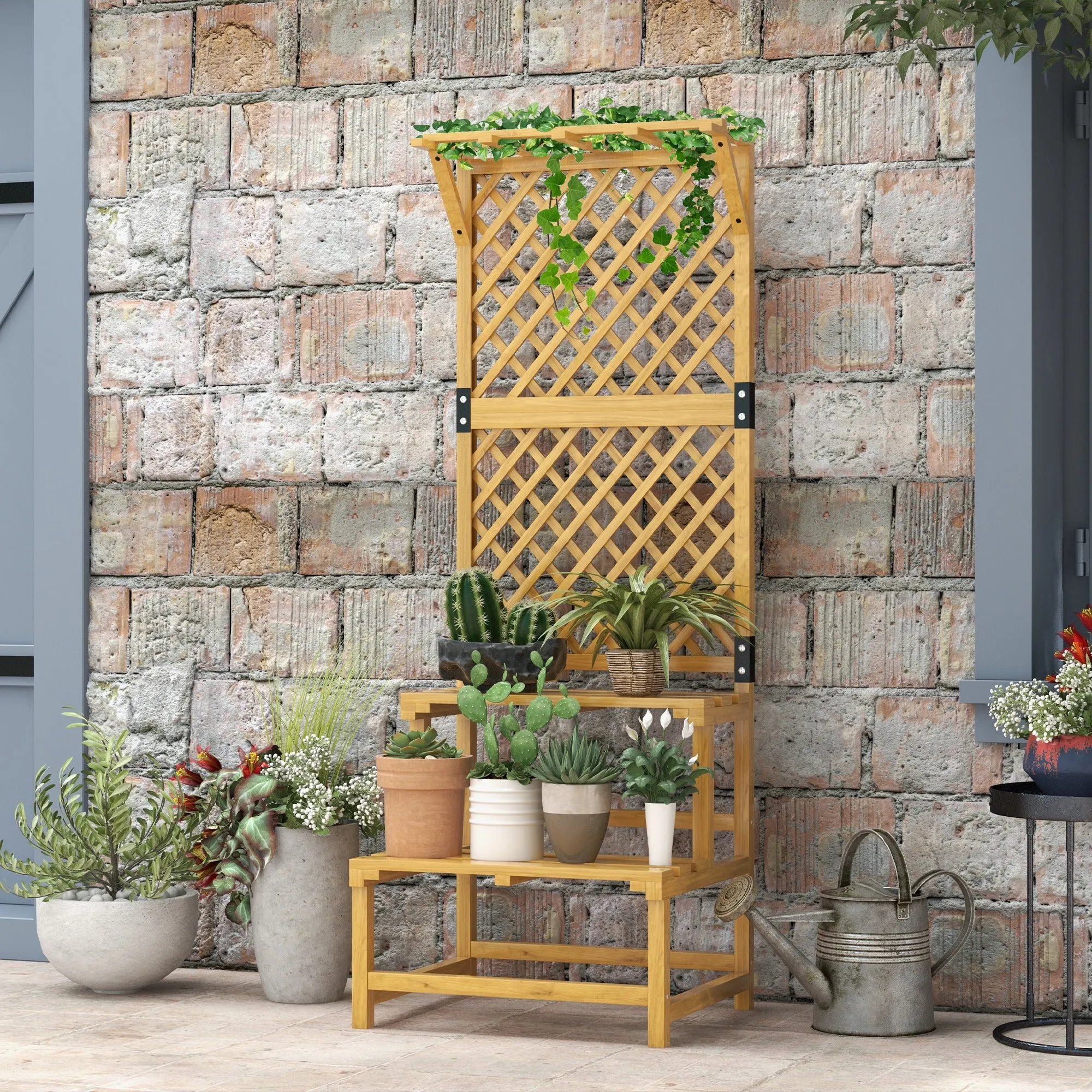 2-Tier Planter with Slatted Roof and Shelves, Fir Wood, 60x50x166 cm - Image 2