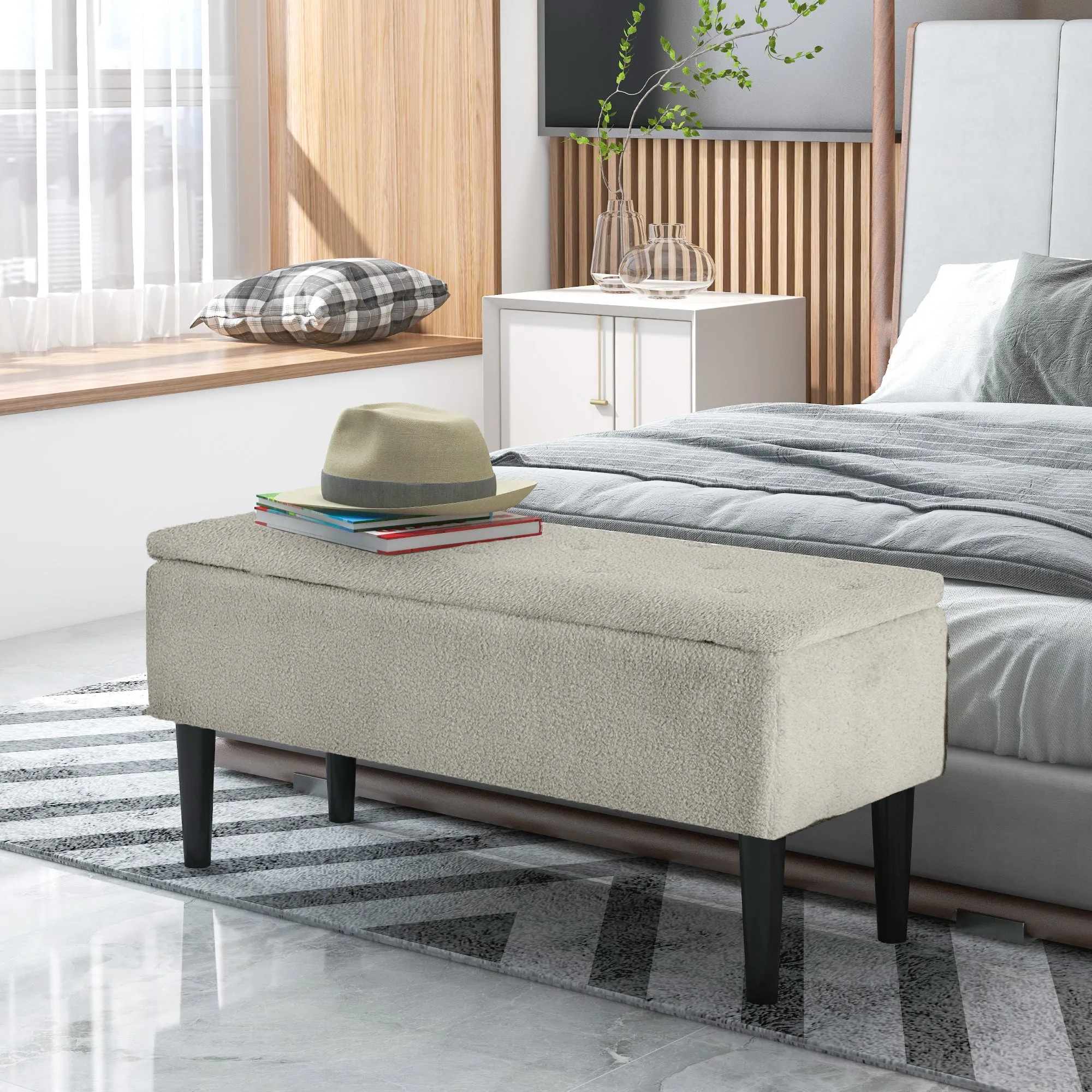 Bedside Bench with 47L Storage Compartment and Teddy Fabric Upholstery, 95x38x45 cm, Beige - Image 2