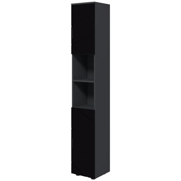 Bathroom Column in Chipboard with 2 Open Shelves and 2 2-Tier Cabinets, 30x30x183 cm, Black and Grey