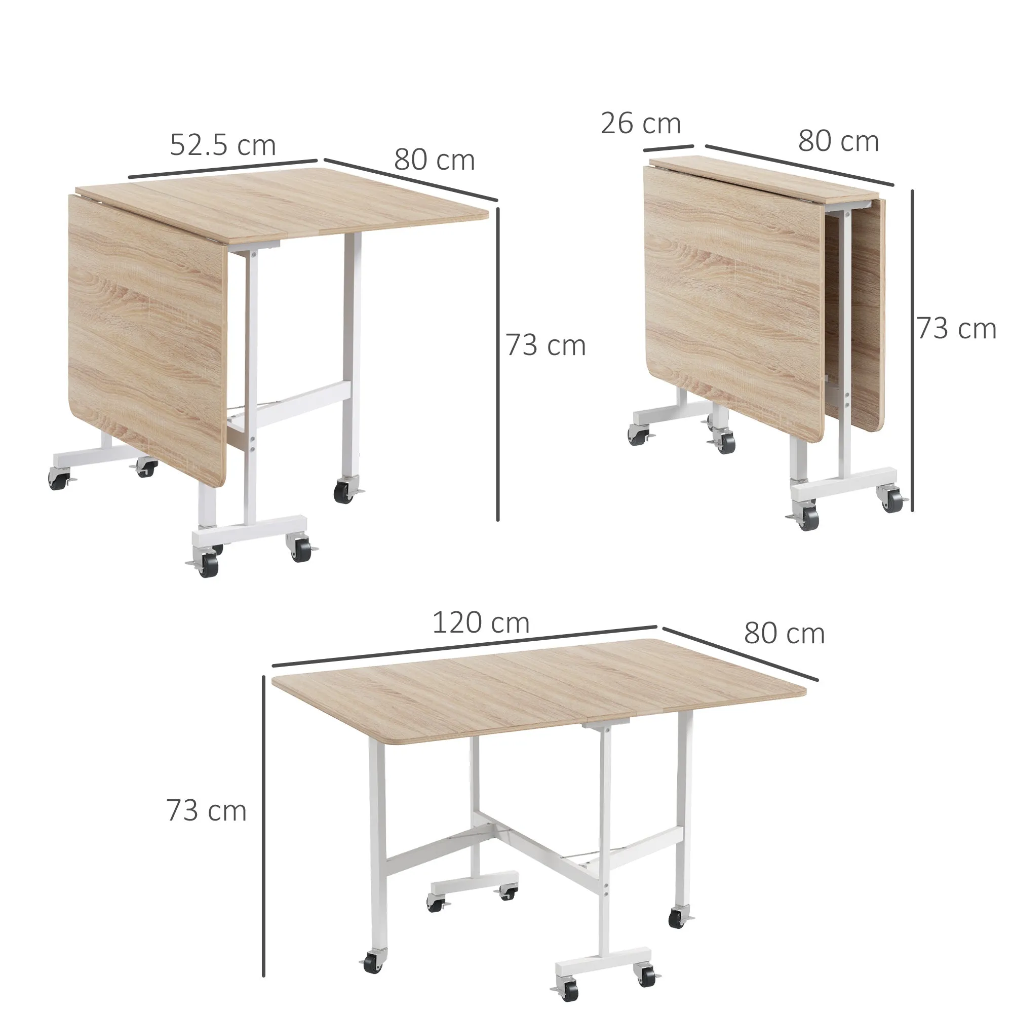 Modern Folding Table with 2 Flaps and Wheels in MDF and Steel, 120x80x73cm, Brown - Image 3
