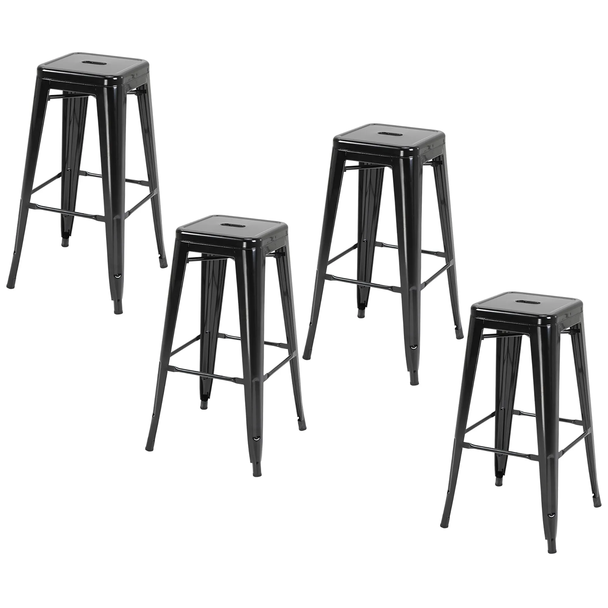 Set of 4 Metal Bar Stools with Footrest for Indoor and Outdoor, 43x43x76 cm, Black