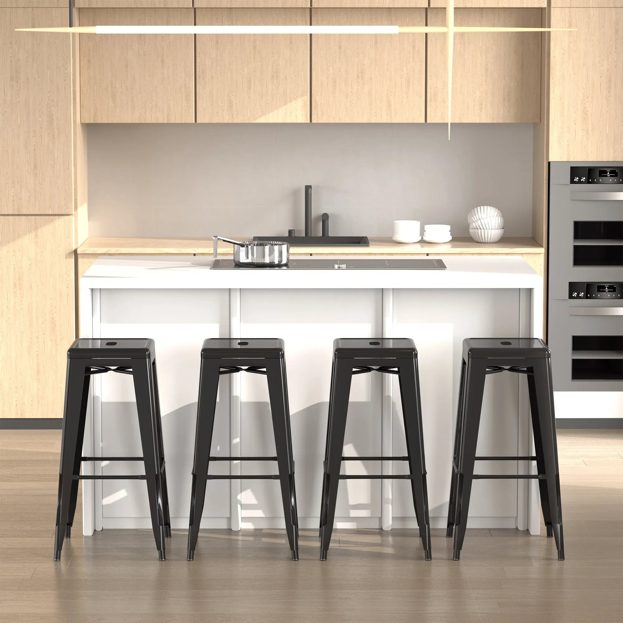 Set of 4 Metal Bar Stools with Footrest for Indoor and Outdoor, 43x43x76 cm, Black - Image 2