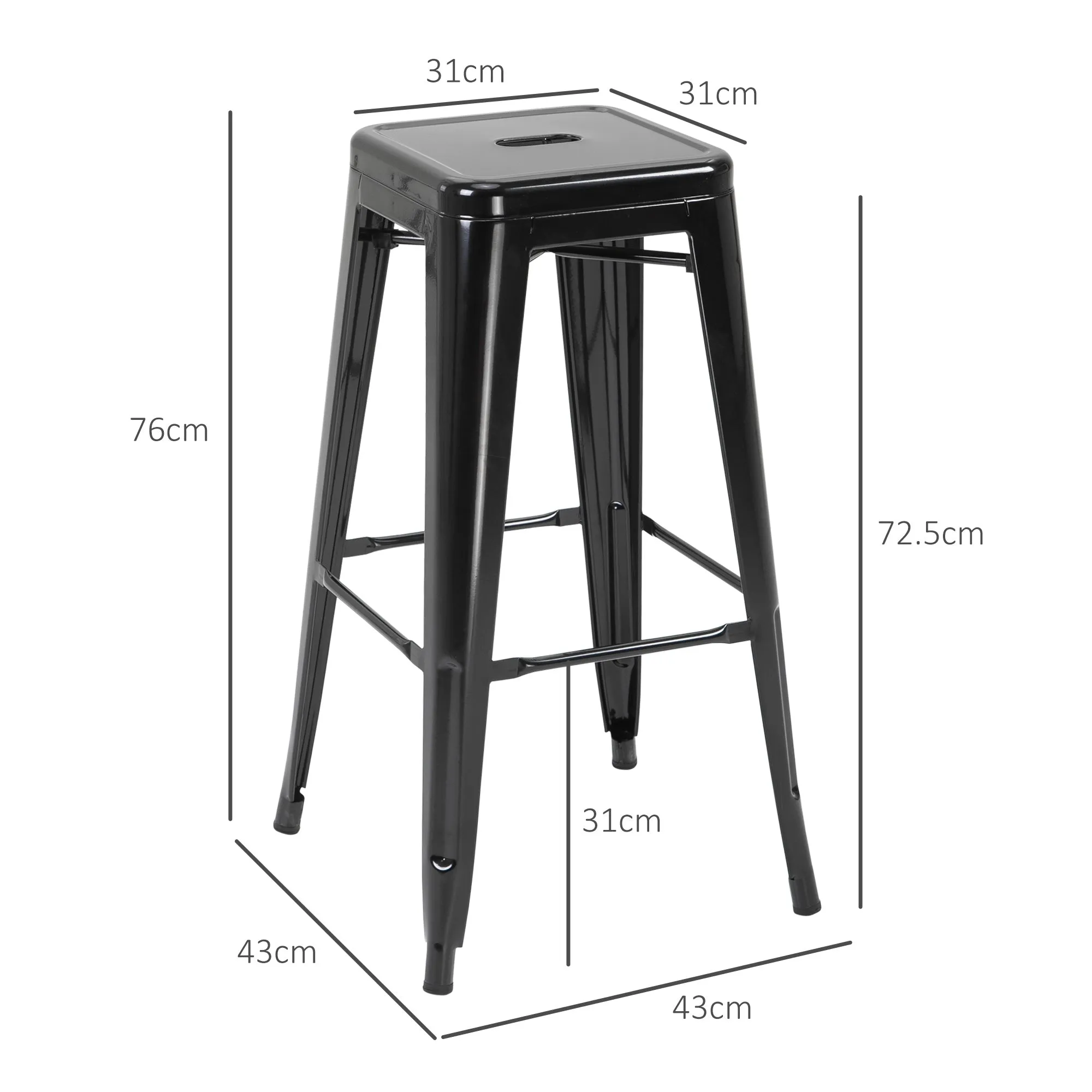 Set of 4 Metal Bar Stools with Footrest for Indoor and Outdoor, 43x43x76 cm, Black - Image 3
