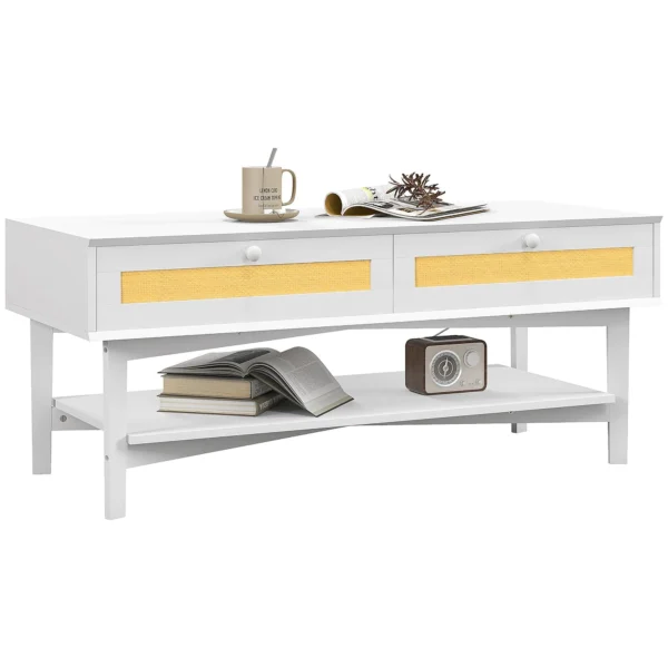 Boho Coffee Table with 2 Drawers and Shelf, Rattan and Chipboard, 120x50x50 cm, White and Wood Color