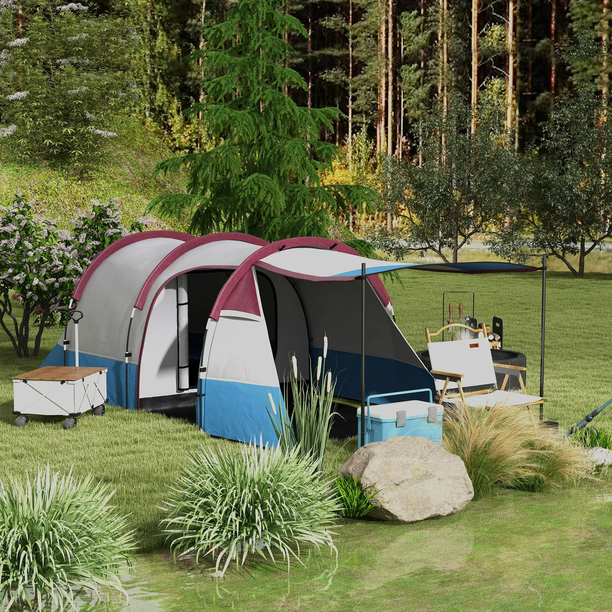 Waterproof Camping Tent with 2 Areas and 3 Entrances, in Polyester and Fiberglass, 420x200x150 cm, Red - Image 2