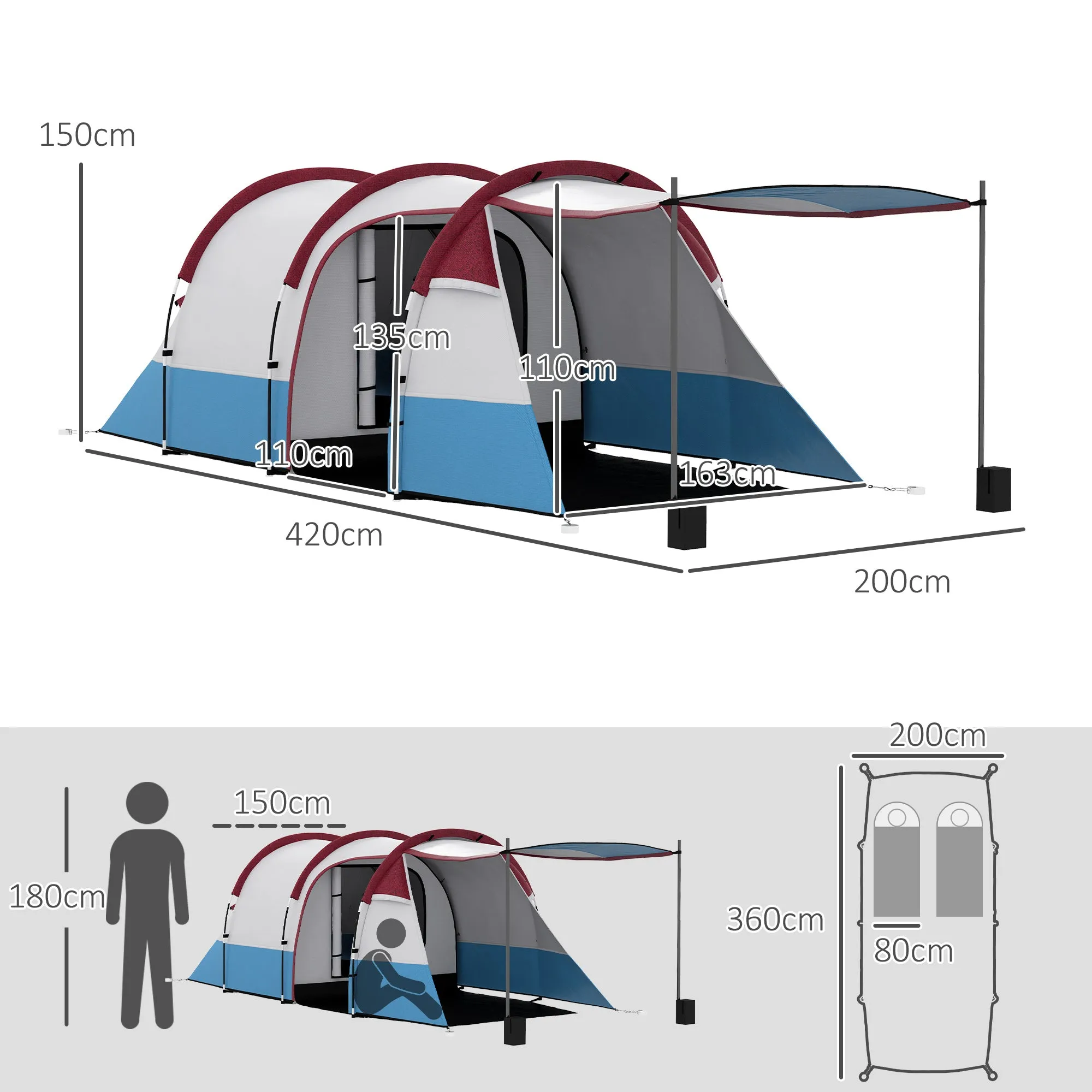 Waterproof Camping Tent with 2 Areas and 3 Entrances, in Polyester and Fiberglass, 420x200x150 cm, Red - Image 3