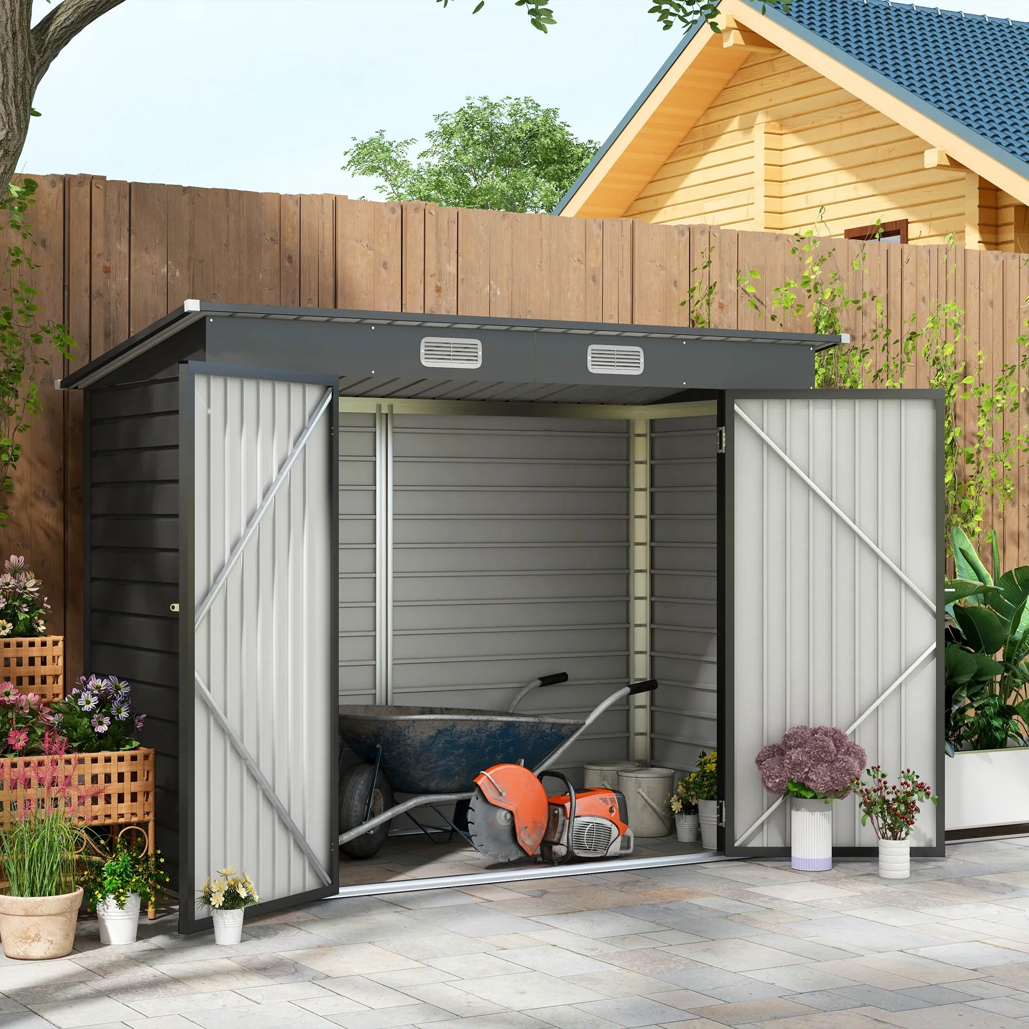 Tool Shed with Latch, Galvanized Steel, 249x121x183 cm, Grey - Image 3