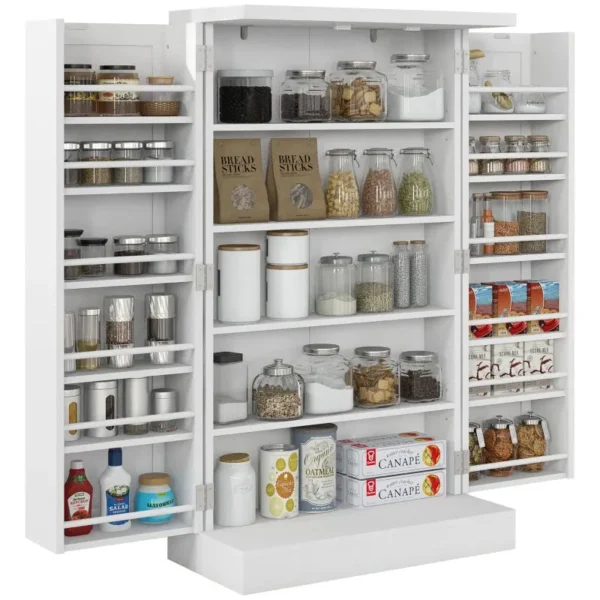 Kitchen Cabinet with 5 Central Shelves and 2 Side Shelves with 6 Levels, in MDF, 60x30x104 cm, White