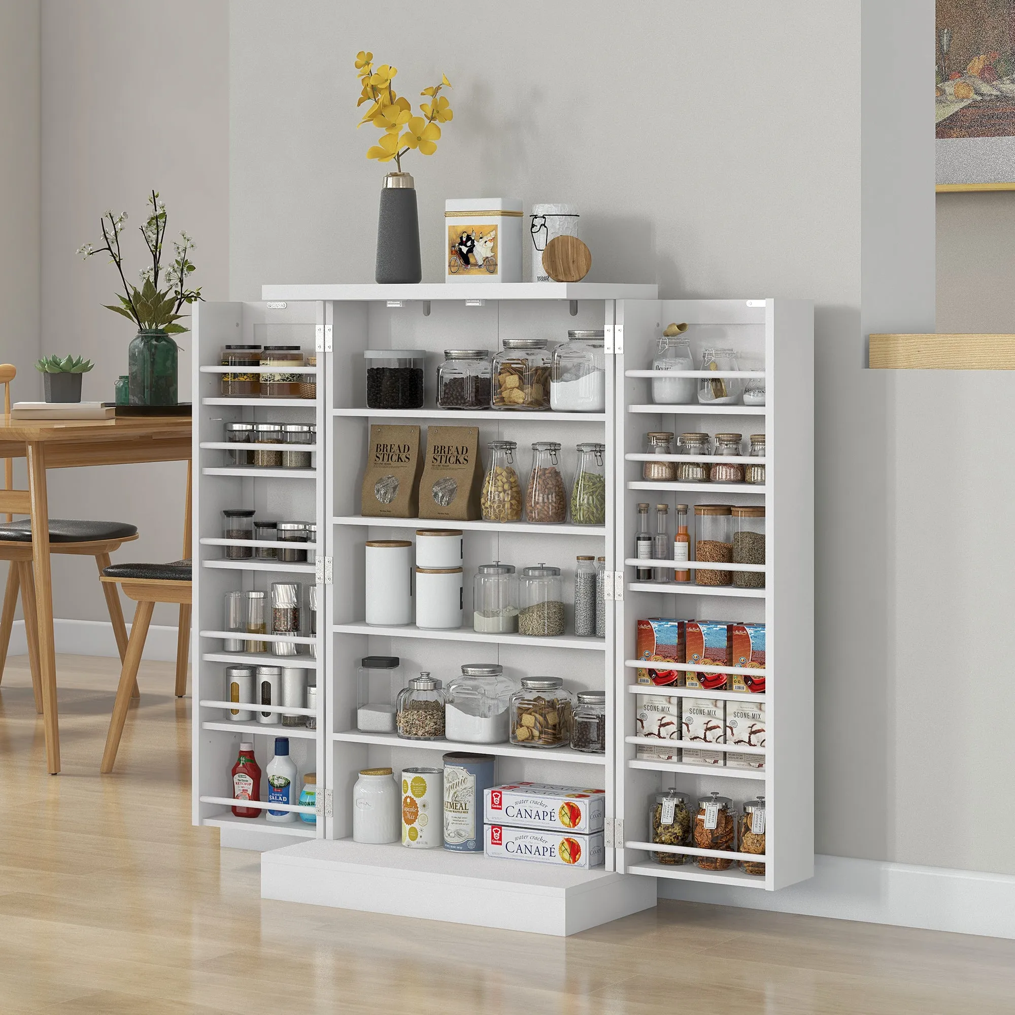 Kitchen Cabinet with 5 Central Shelves and 2 Side Shelves with 6 Levels, in MDF, 60x30x104 cm, White - Image 2