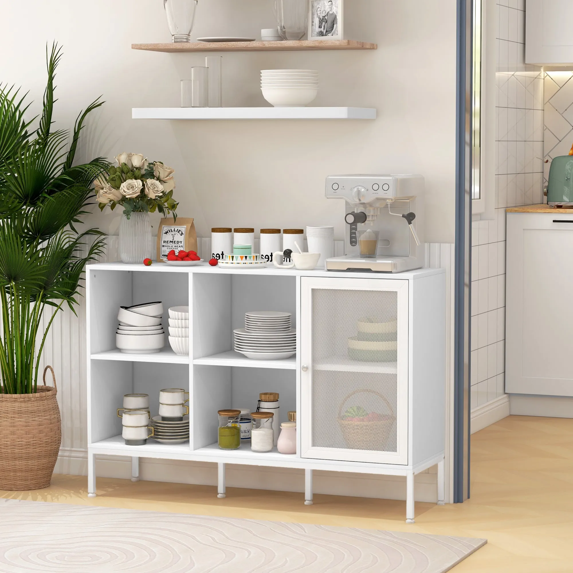 Buffet Cabinet with 4 Open Shelves and Cabinet, in Chipboard and Steel, 120x37x81.5 cm, White - Image 2