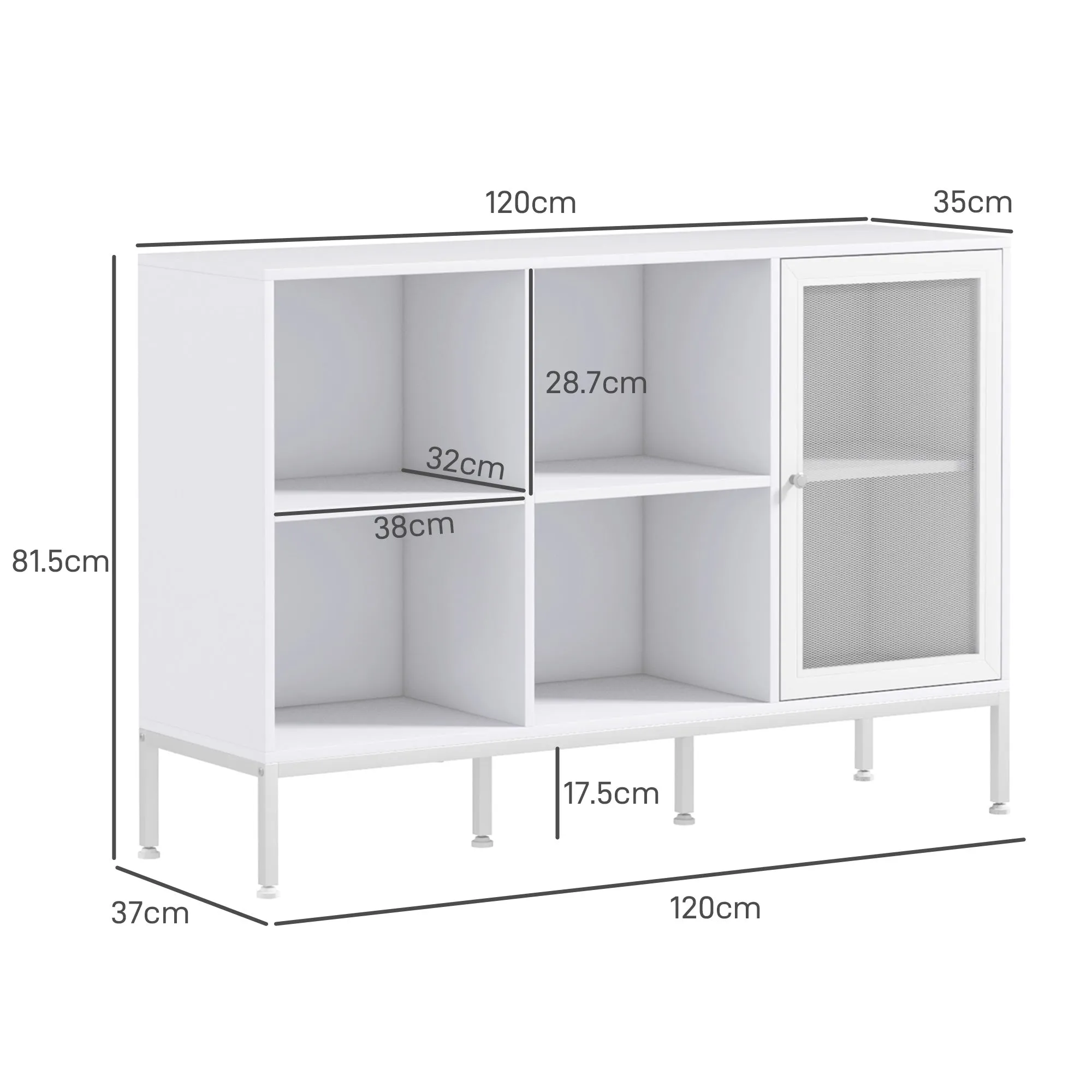 Buffet Cabinet with 4 Open Shelves and Cabinet, in Chipboard and Steel, 120x37x81.5 cm, White - Image 3