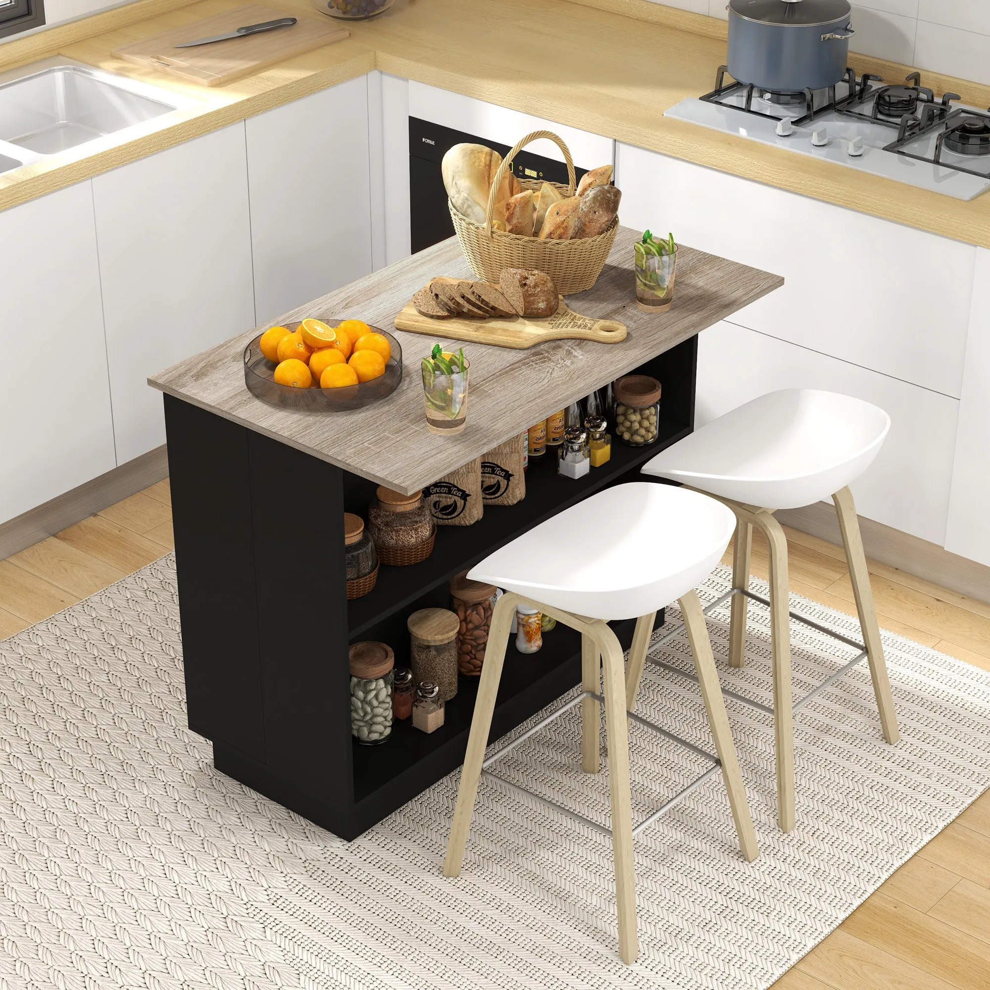 Kitchen Island with 2 Open Shelves and 2 Cabinets, MDF, 105x60x82 cm, Oak and Black - Image 2