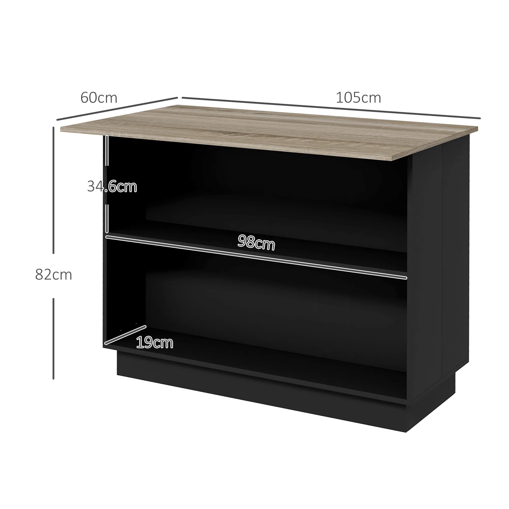 Kitchen Island with 2 Open Shelves and 2 Cabinets, MDF, 105x60x82 cm, Oak and Black - Image 3