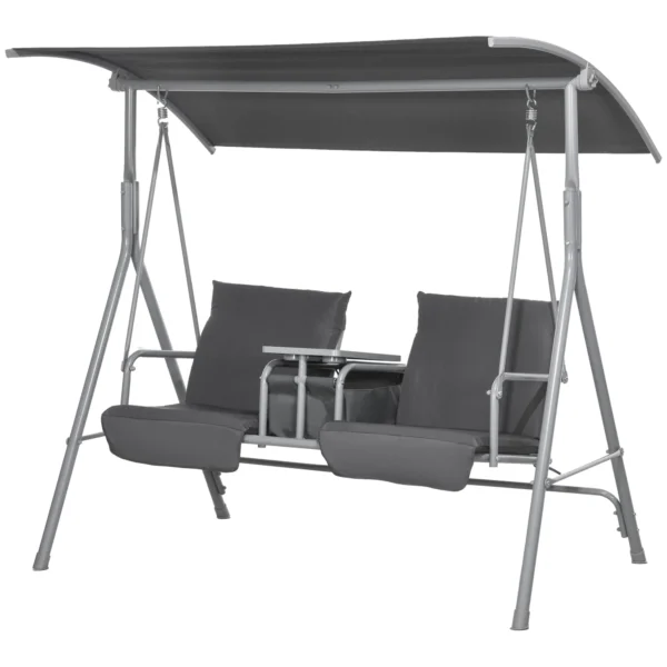 ALANA | 2-Seater Swing with Table and Cup Holder, in Metal and Polyester, 175x110x165 cm, Grey