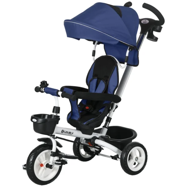 Tricycle Stroller for Children with Handlebar, Adjustable Sunshade and Safety Belt, Dark Blue