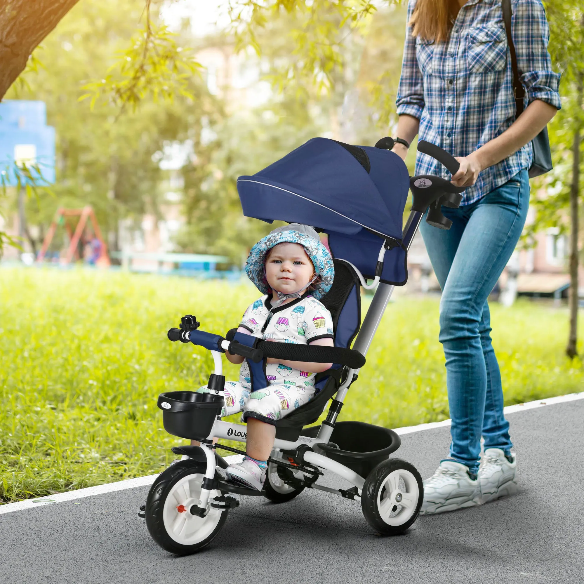 Tricycle Stroller for Children with Handlebar, Adjustable Sunshade and Safety Belt, Dark Blue - Image 2