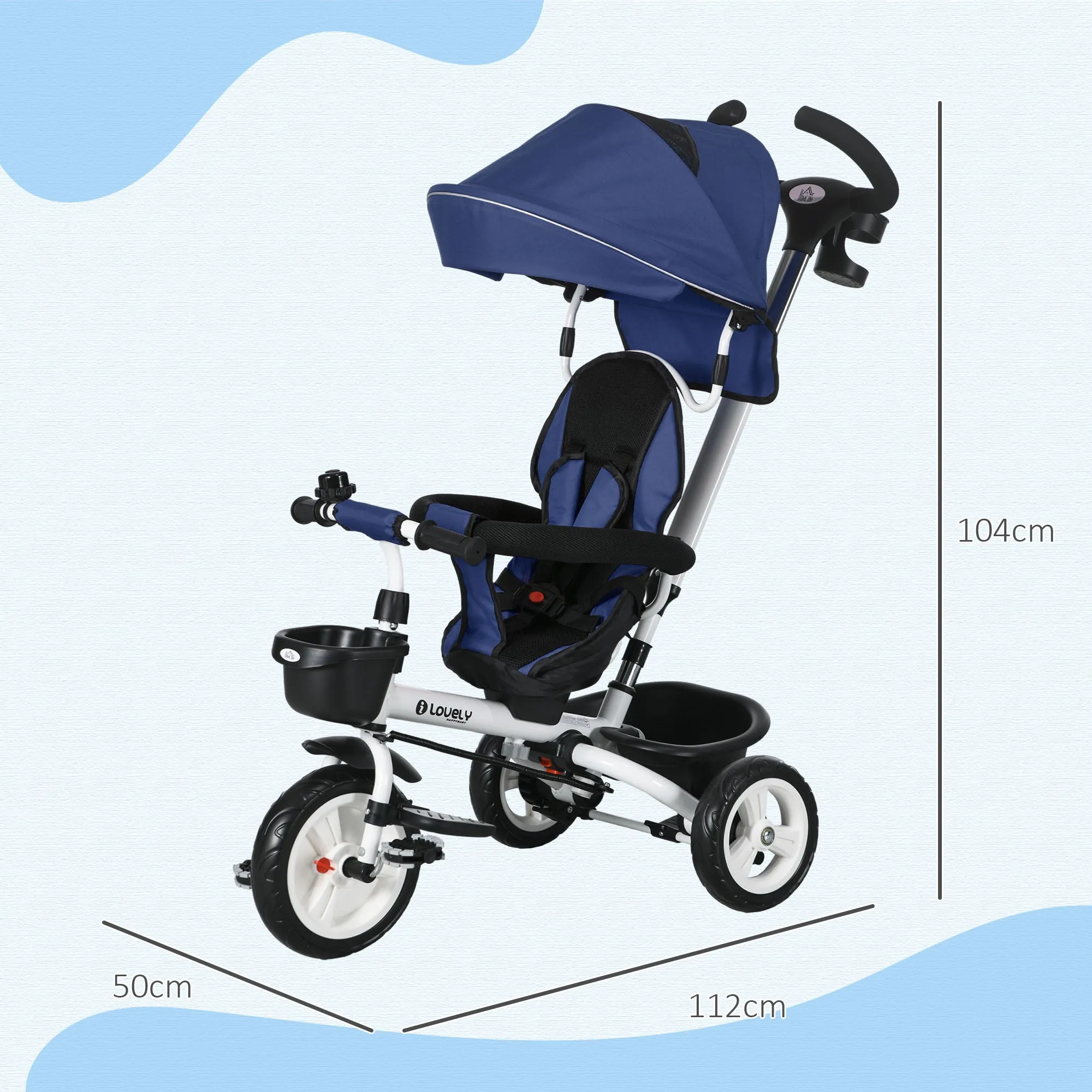 Tricycle Stroller for Children with Handlebar, Adjustable Sunshade and Safety Belt, Dark Blue - Image 3