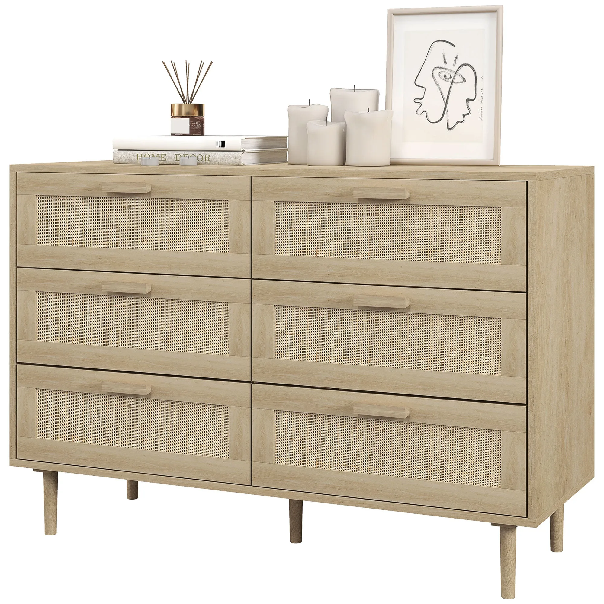 Boho 6 Drawer Chest of Drawers in Wood and Rattan Boho Style for Living Room and Bedroom, 110x40x75 cm