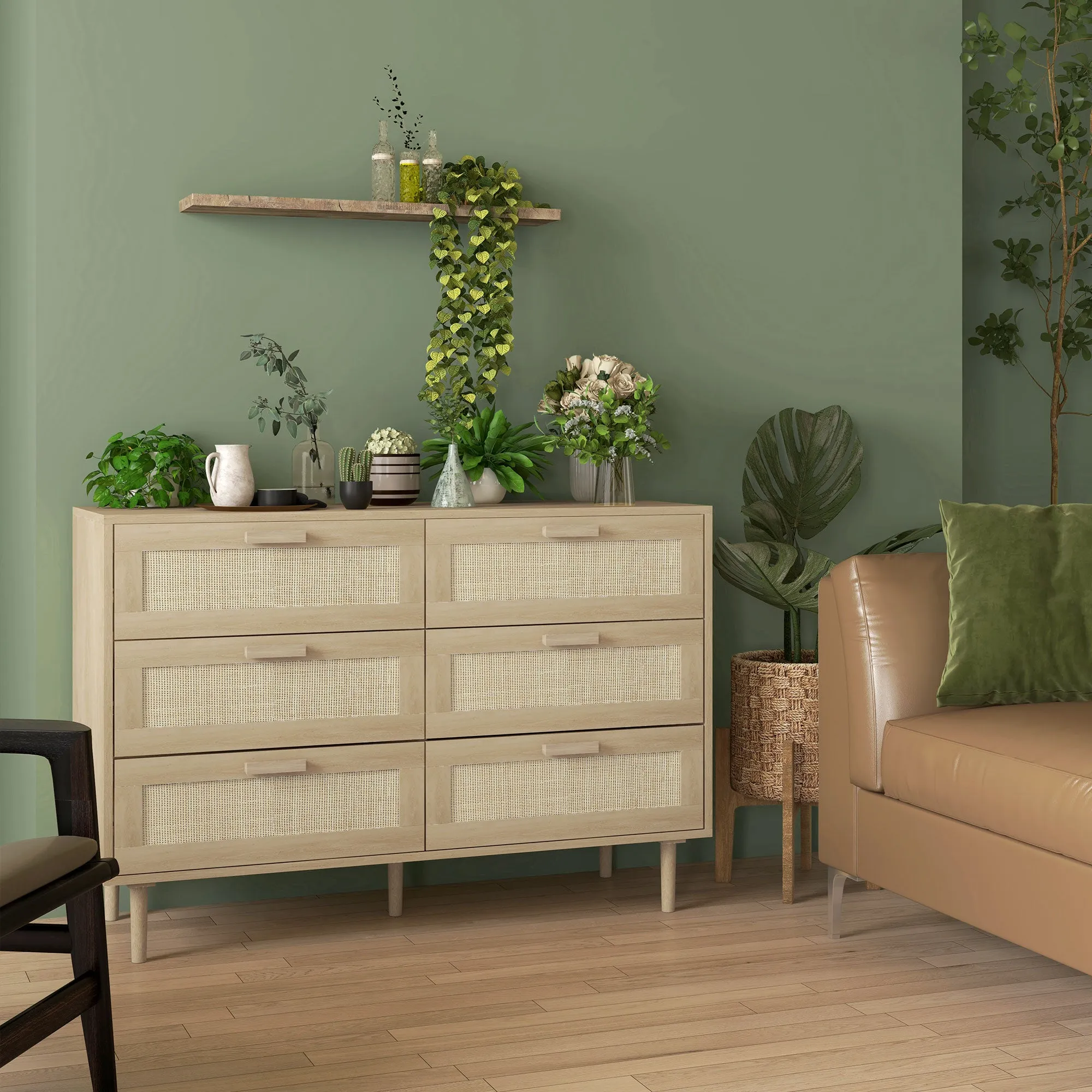 Boho 6 Drawer Chest of Drawers in Wood and Rattan Boho Style for Living Room and Bedroom, 110x40x75 cm - Image 2