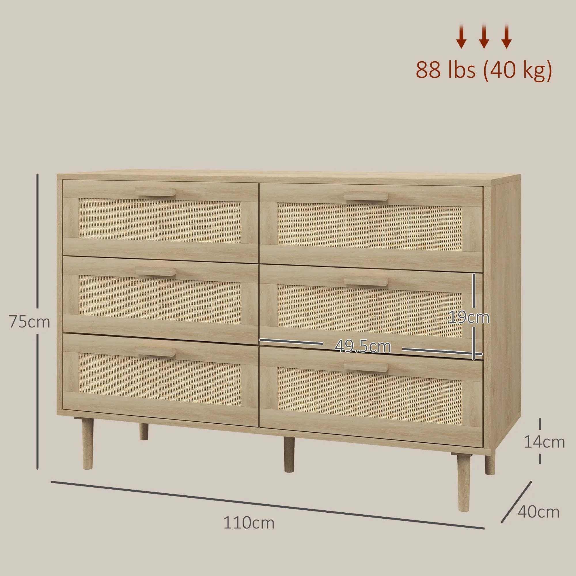 Boho 6 Drawer Chest of Drawers in Wood and Rattan Boho Style for Living Room and Bedroom, 110x40x75 cm - Image 3