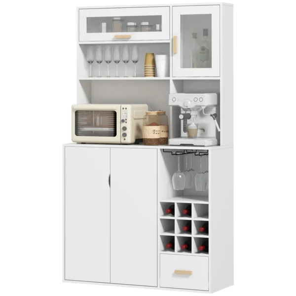 Mobile Pantry with Bottle Holder, Cabinets, Shelves and Drawer, in Chipboard and Wood, 100x38x172 cm, White
