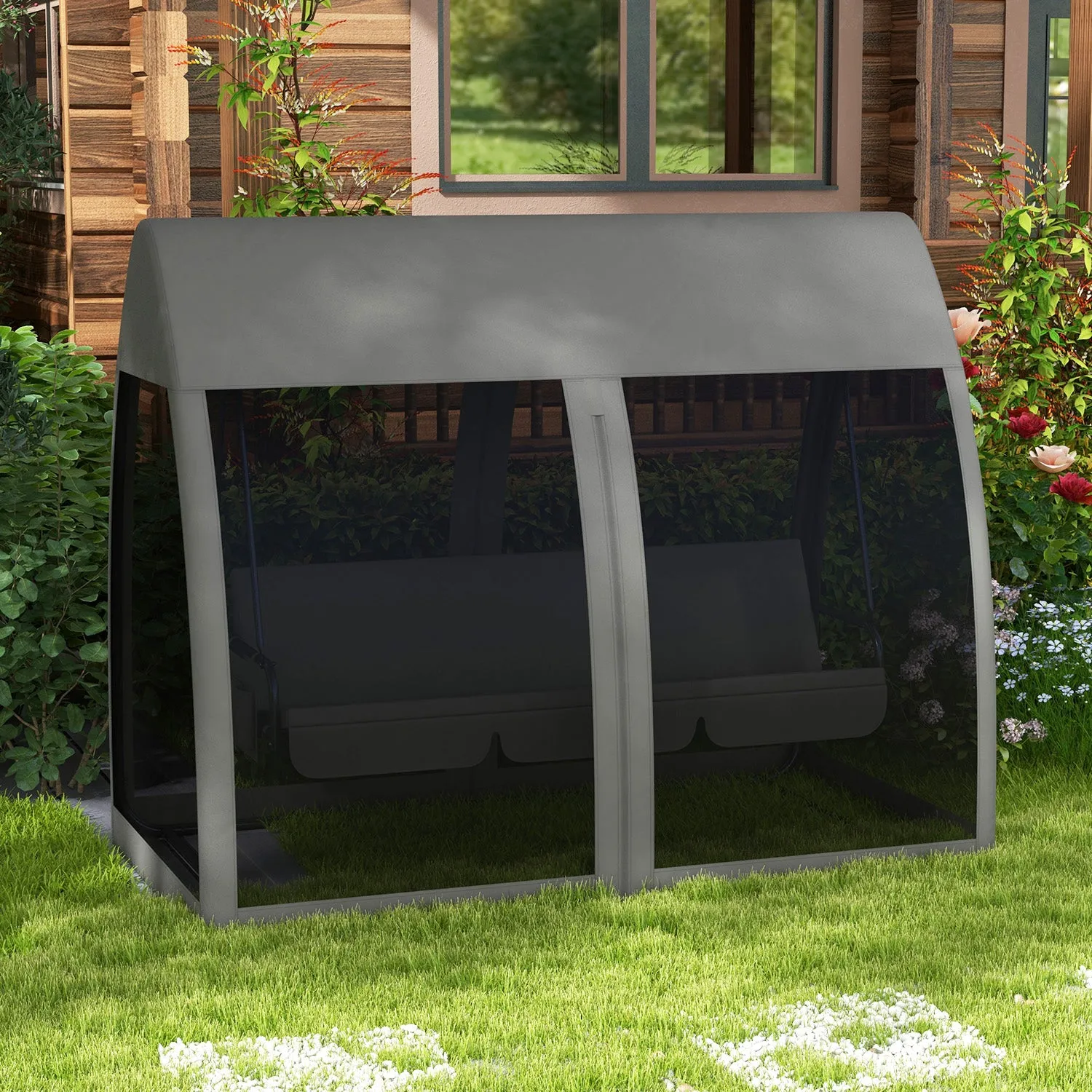 2-in-1 Garden Swing Convertible to a Bed with Cushions and Mosquito Net, 240x140x197 cm, Grey - Image 2
