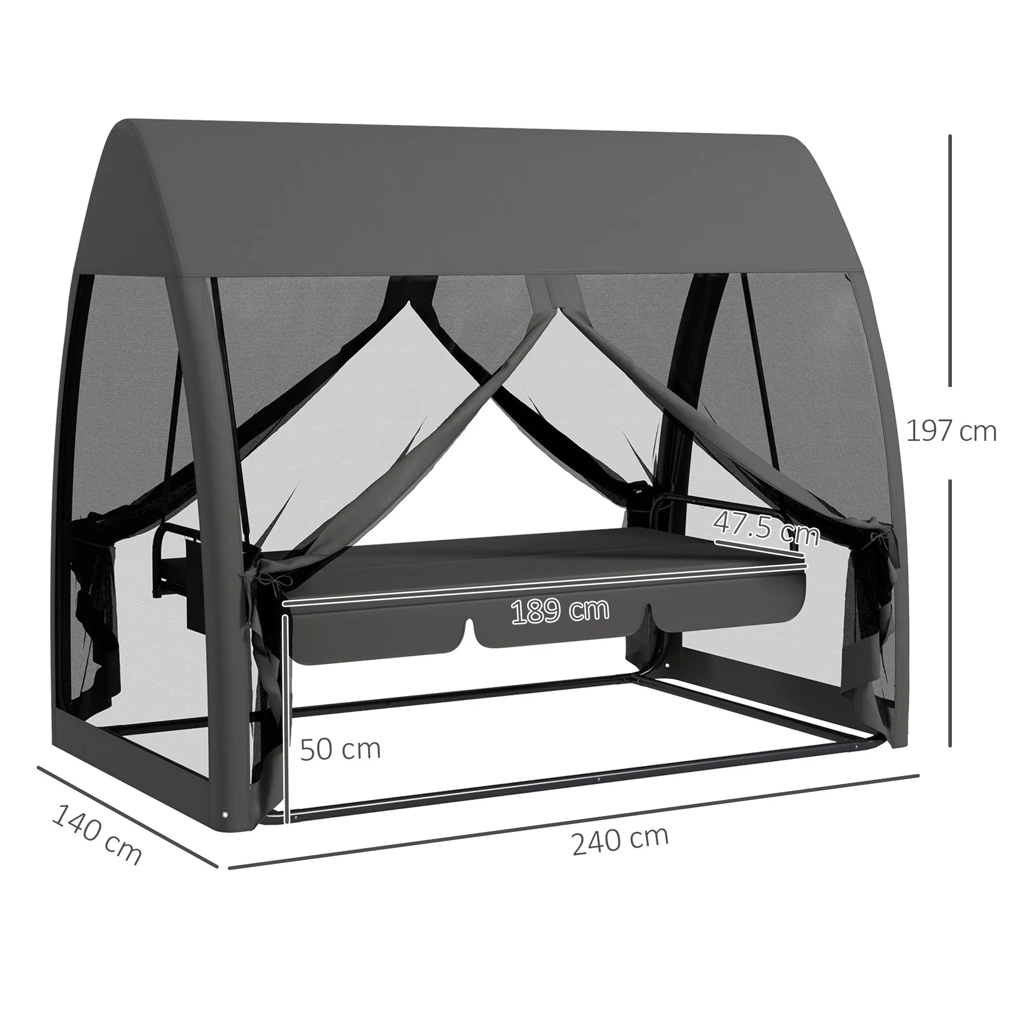 2-in-1 Garden Swing Convertible to a Bed with Cushions and Mosquito Net, 240x140x197 cm, Grey - Image 3