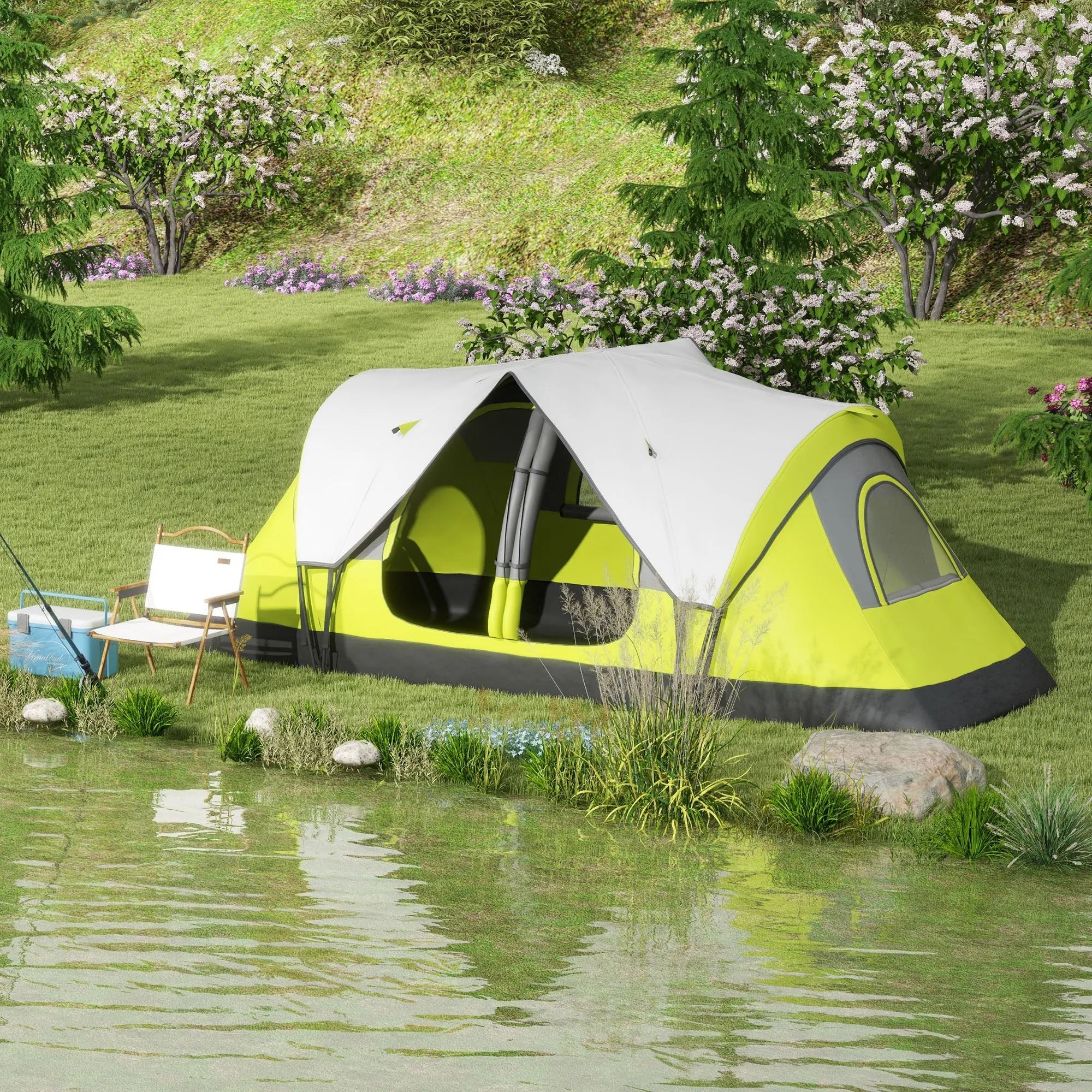 6 Person Camping Tent with 2 Separate Spaces, in Polyester and Fiberglass, 450x215Dx180 cm, Green - Image 2
