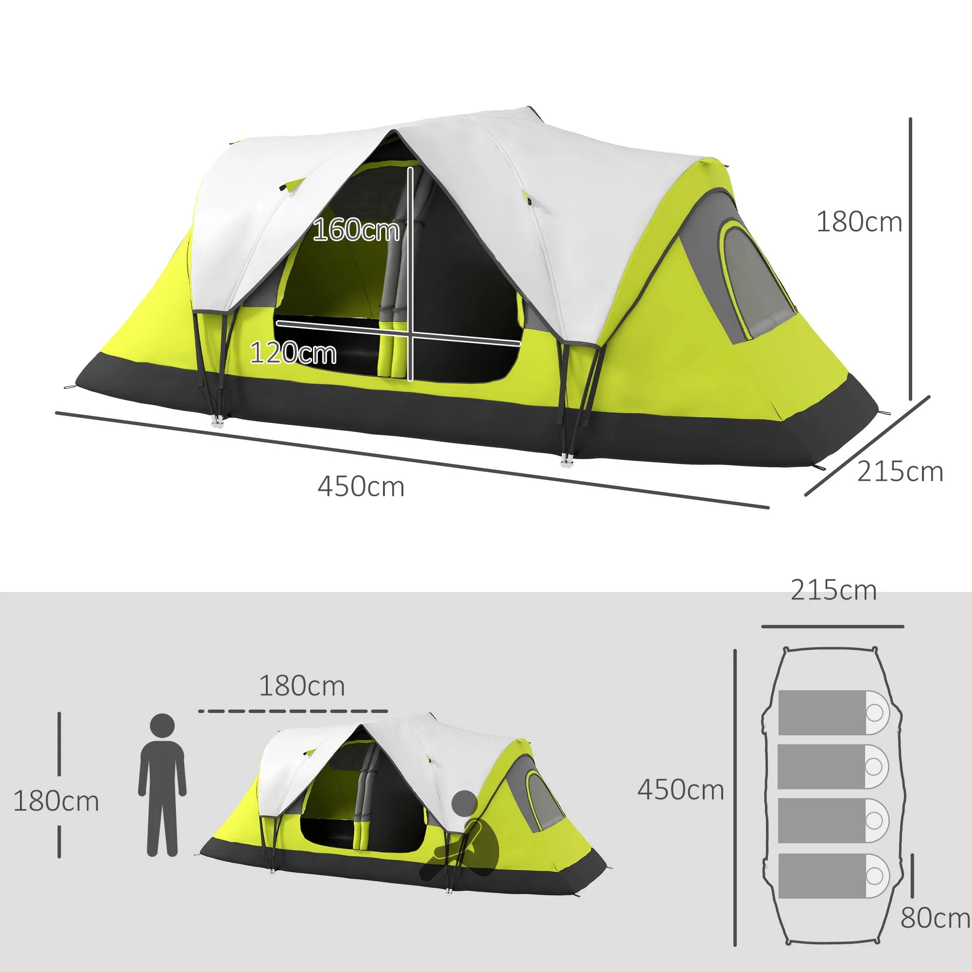 6 Person Camping Tent with 2 Separate Spaces, in Polyester and Fiberglass, 450x215Dx180 cm, Green - Image 3