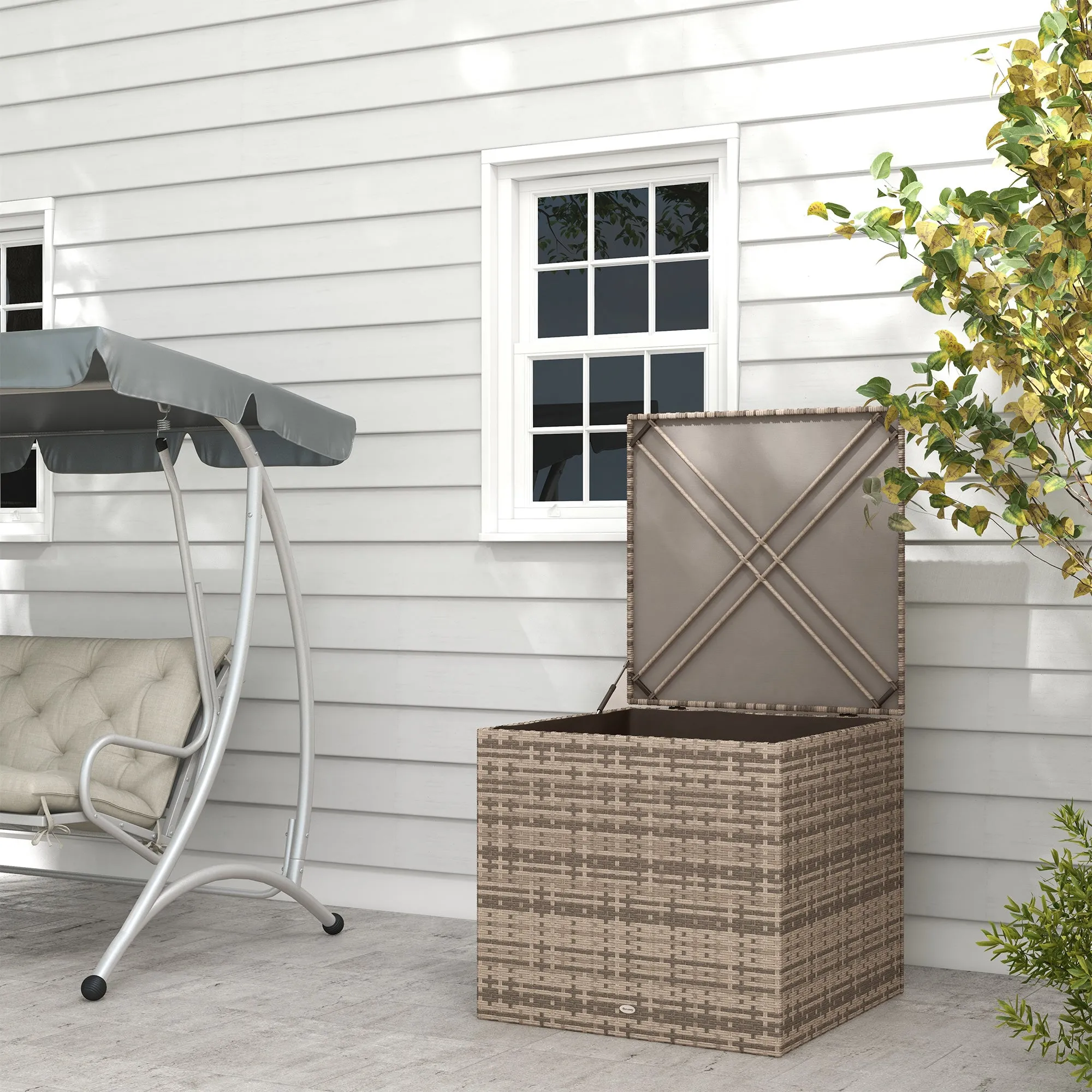 Outdoor Storage Chest in PE Rattan and Steel with Internal Lining, 75x75x70 cm, Black and Sand Color - Image 2