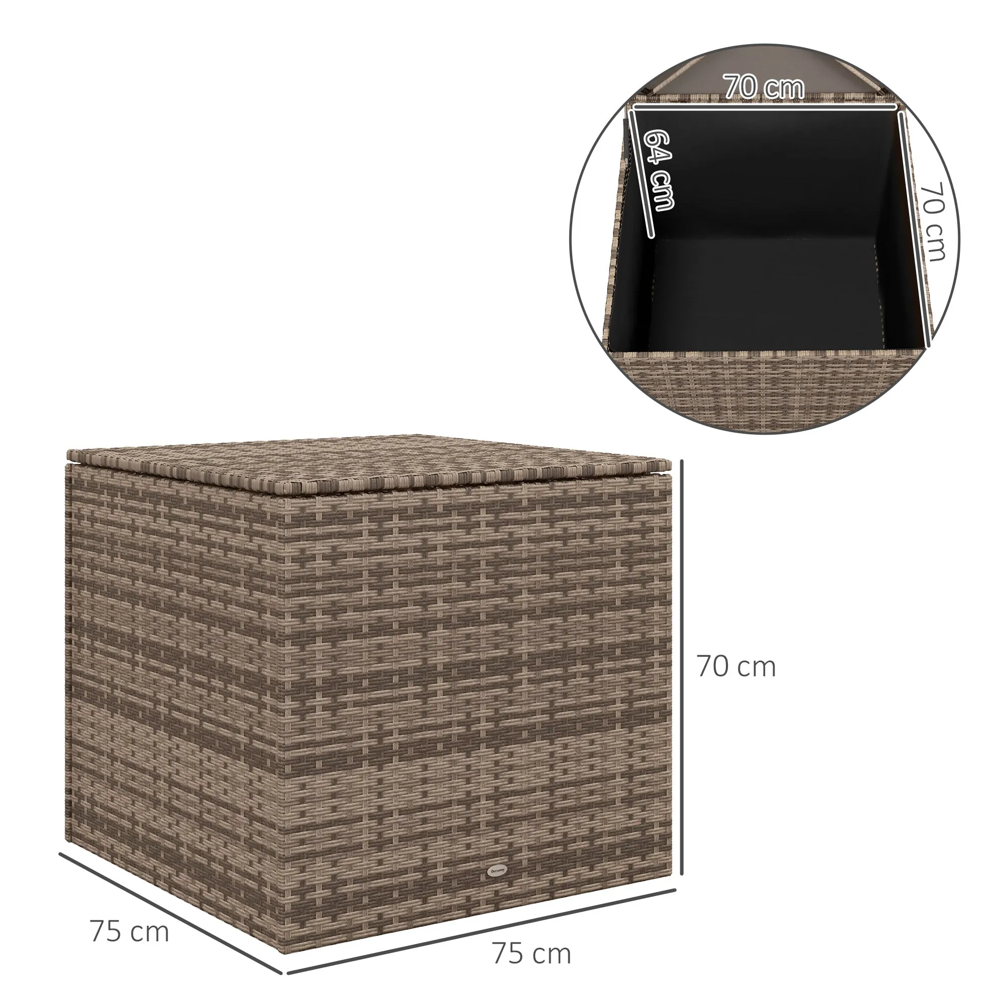 Outdoor Storage Chest in PE Rattan and Steel with Internal Lining, 75x75x70 cm, Black and Sand Color - Image 3