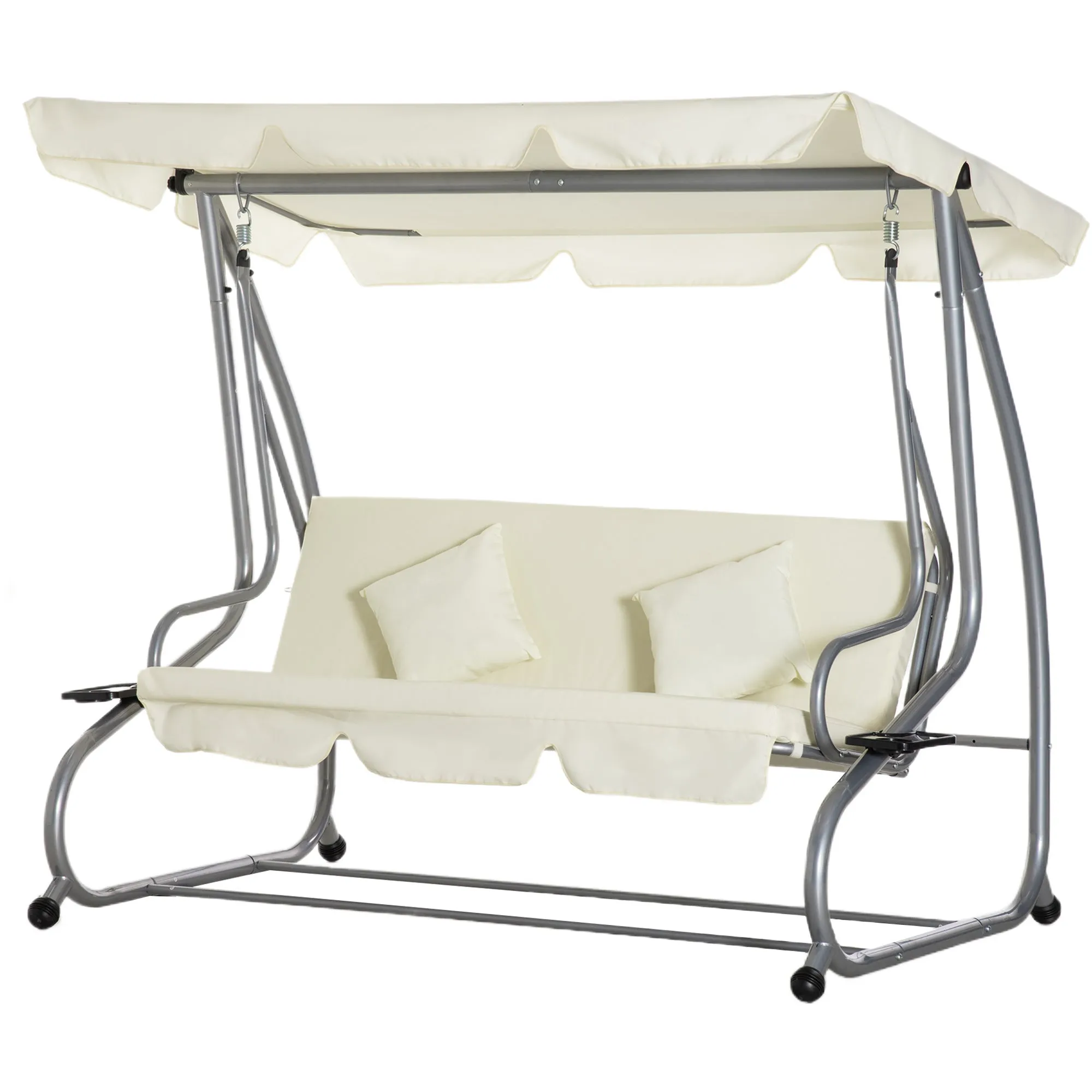 3 Seater Garden Swing Bed with Adjustable Roof and 2 Cup Holders, 200x120x164 cm, Cream