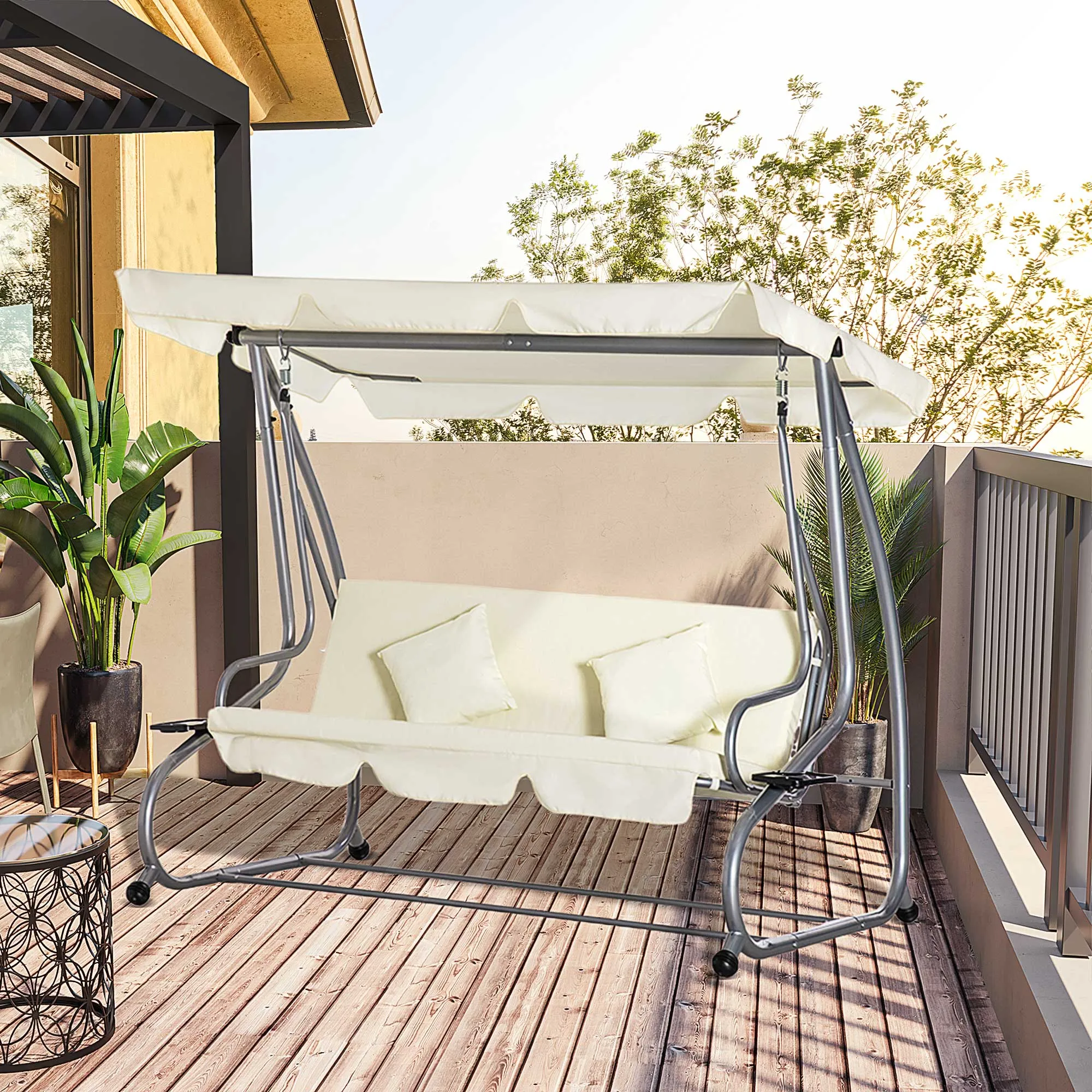 3 Seater Garden Swing Bed with Adjustable Roof and 2 Cup Holders, 200x120x164 cm, Cream - Image 2