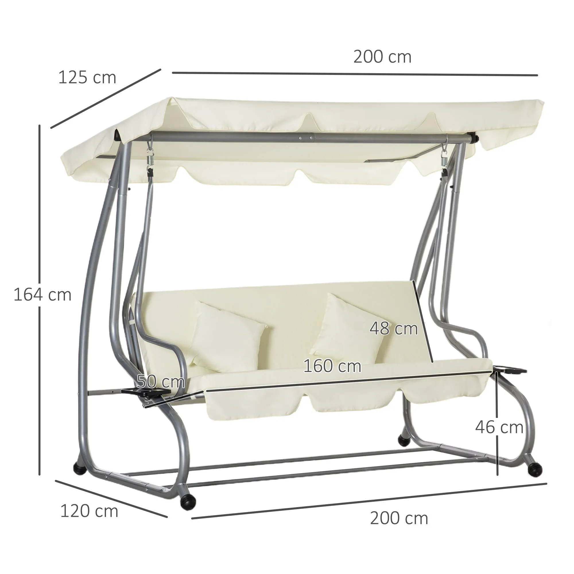 3 Seater Garden Swing Bed with Adjustable Roof and 2 Cup Holders, 200x120x164 cm, Cream - Image 3