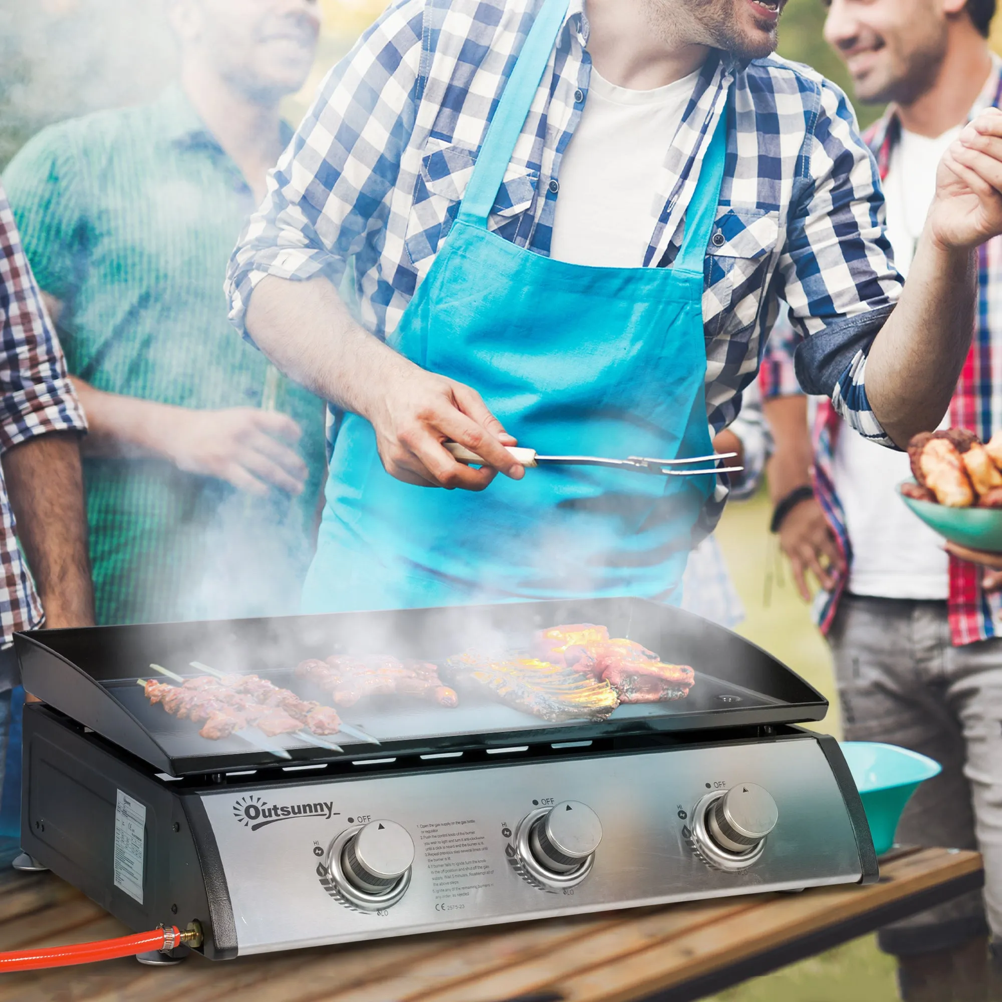 Non-Stick Tabletop Gas Barbecue Grill with 3 x 3kW Burners, 62 x 46 x 21cm, Black - Image 2