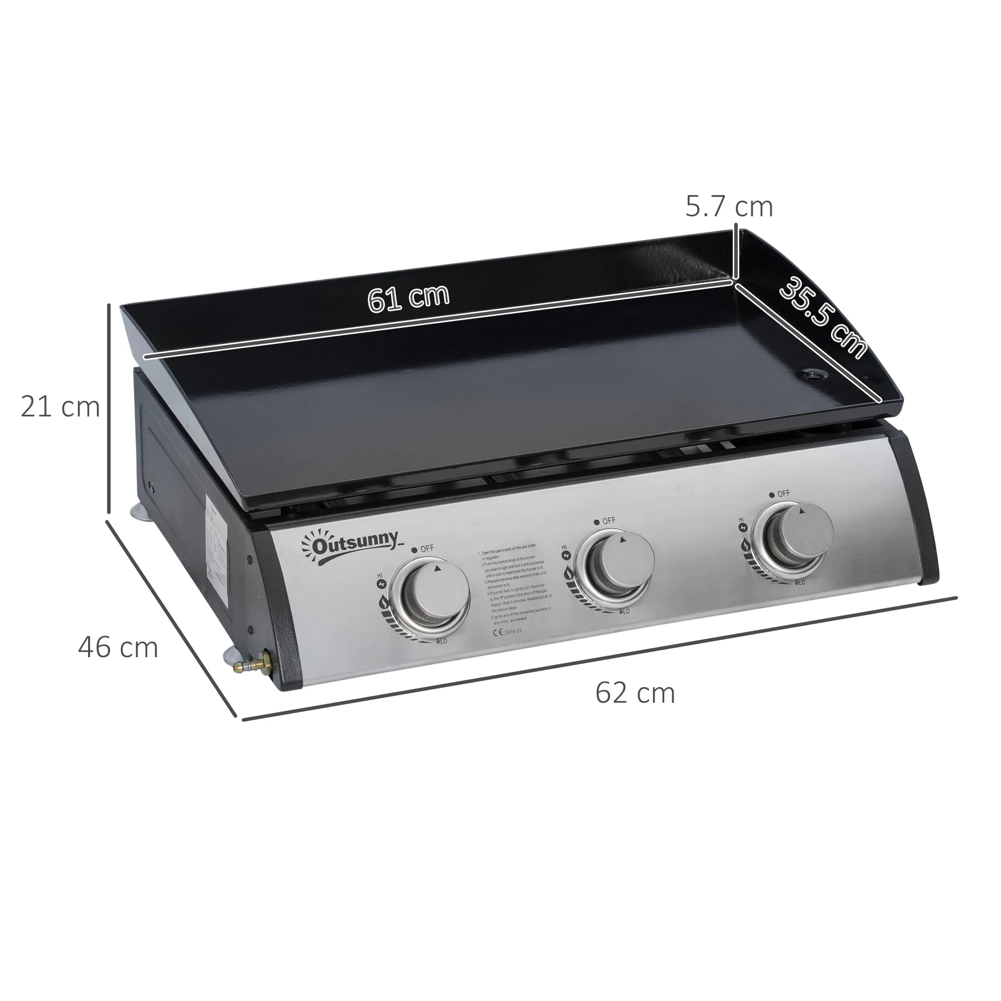 Non-Stick Tabletop Gas Barbecue Grill with 3 x 3kW Burners, 62 x 46 x 21cm, Black - Image 3