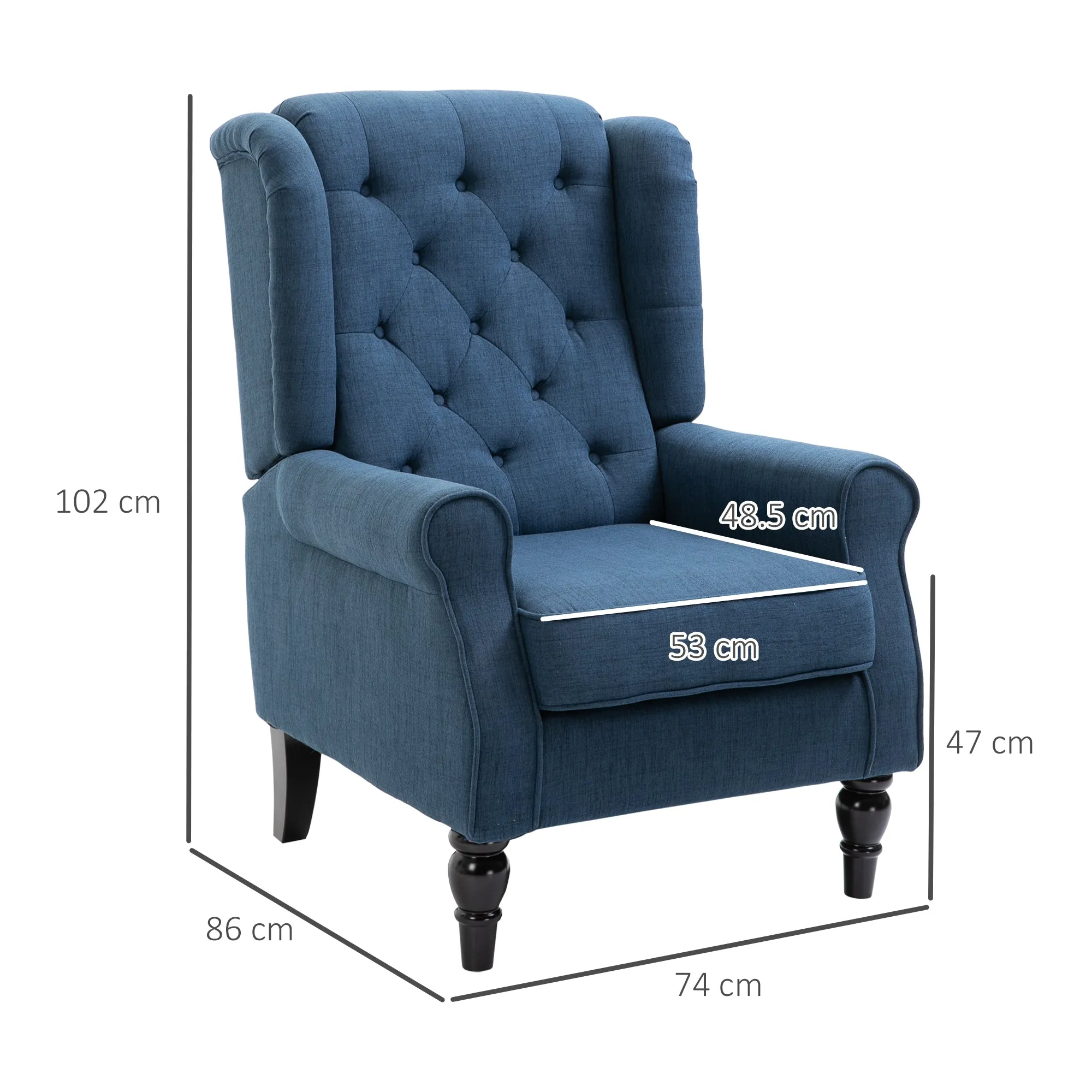 French Style Sofa Armchair with Padded Seat and Cushions, Polyester, 74x86x102 cm, Blue - Image 3