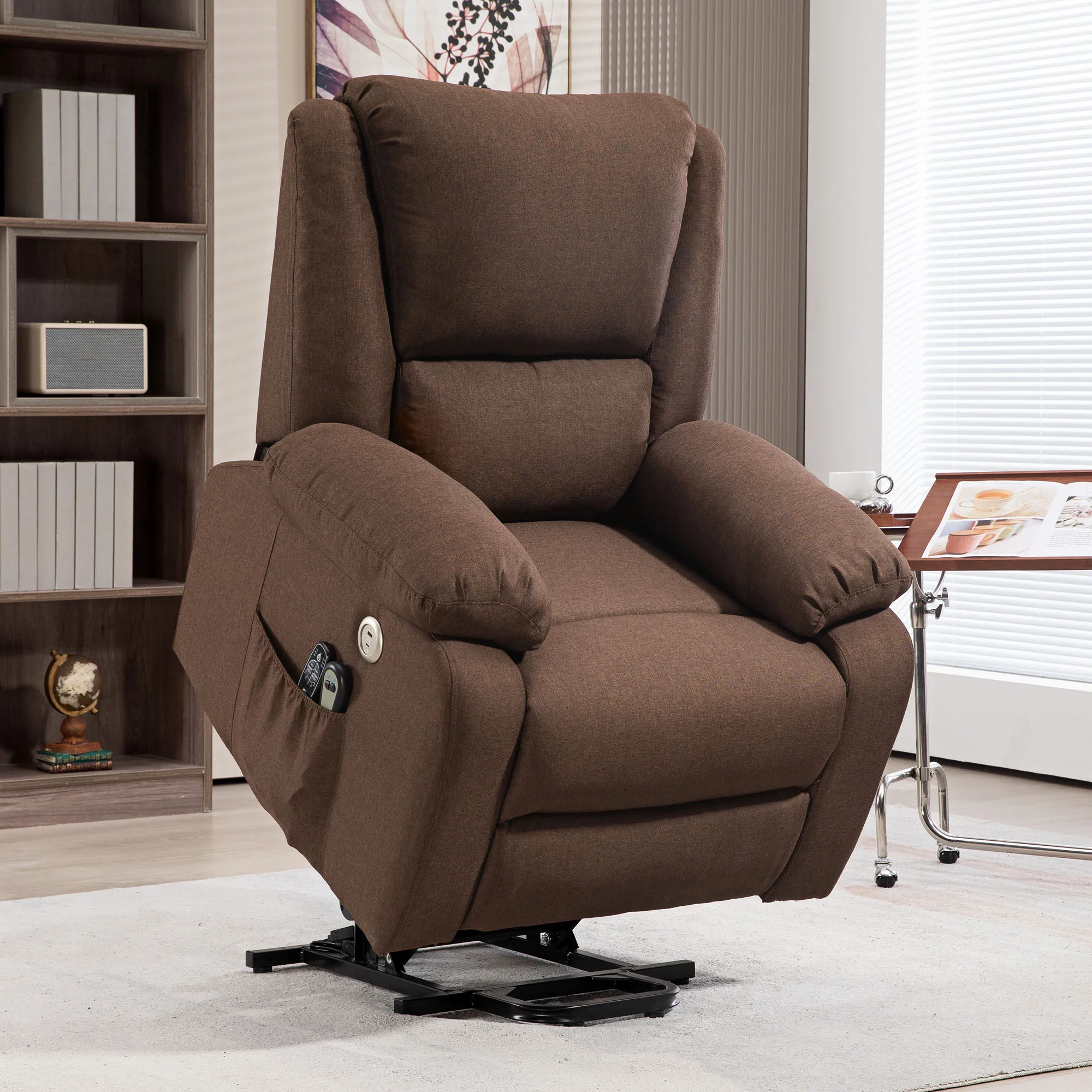 Reclining Lift Chair with Footrest, in Linen Effect Fabric, 87x92x105 cm, Coffee - Image 2