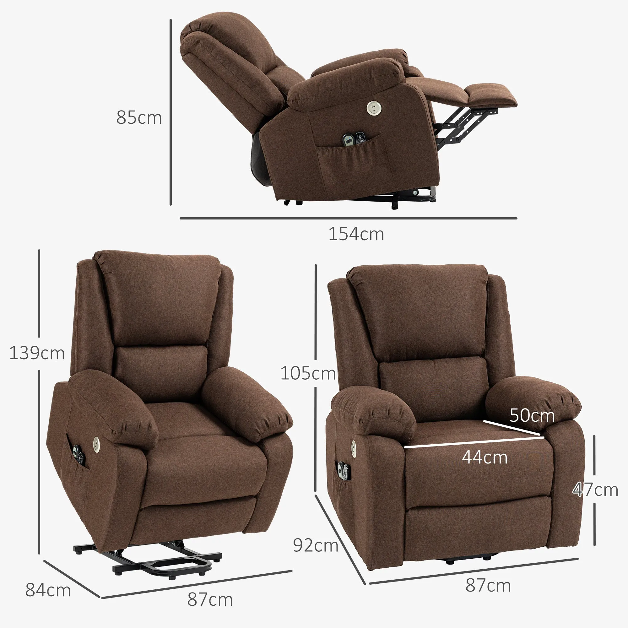 Reclining Lift Chair with Footrest, in Linen Effect Fabric, 87x92x105 cm, Coffee - Image 3
