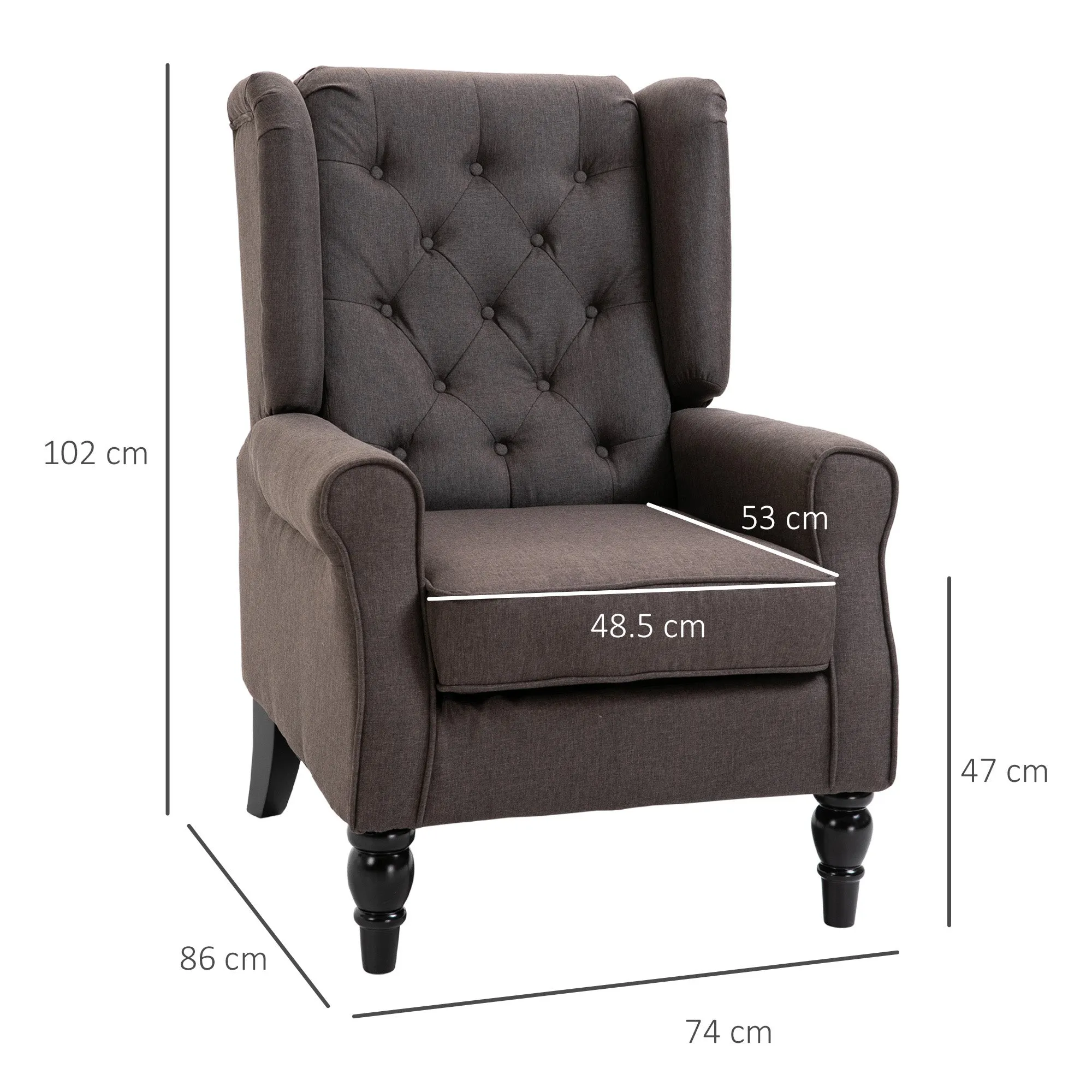 French Style Sofa Armchair with Padded Seat and Cushions, Polyester, 74x86x102 cm, Brown - Image 3