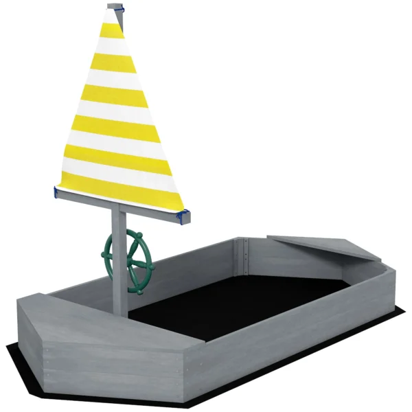 Boat-Shaped Sandpit for Children 3-8 Years, in Fir Wood and Polyester, 190x90x138 cm