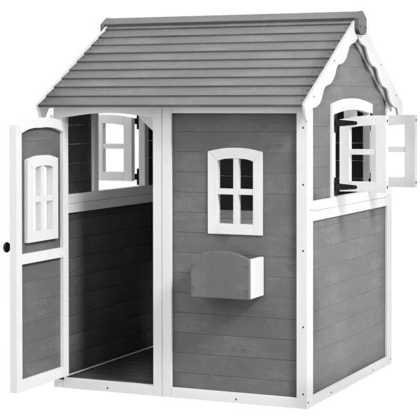 Children's Playhouse for 3-8 Years with 6 Windows and Flower Box, in Fir Wood, 104.5x110x137 cm, Grey