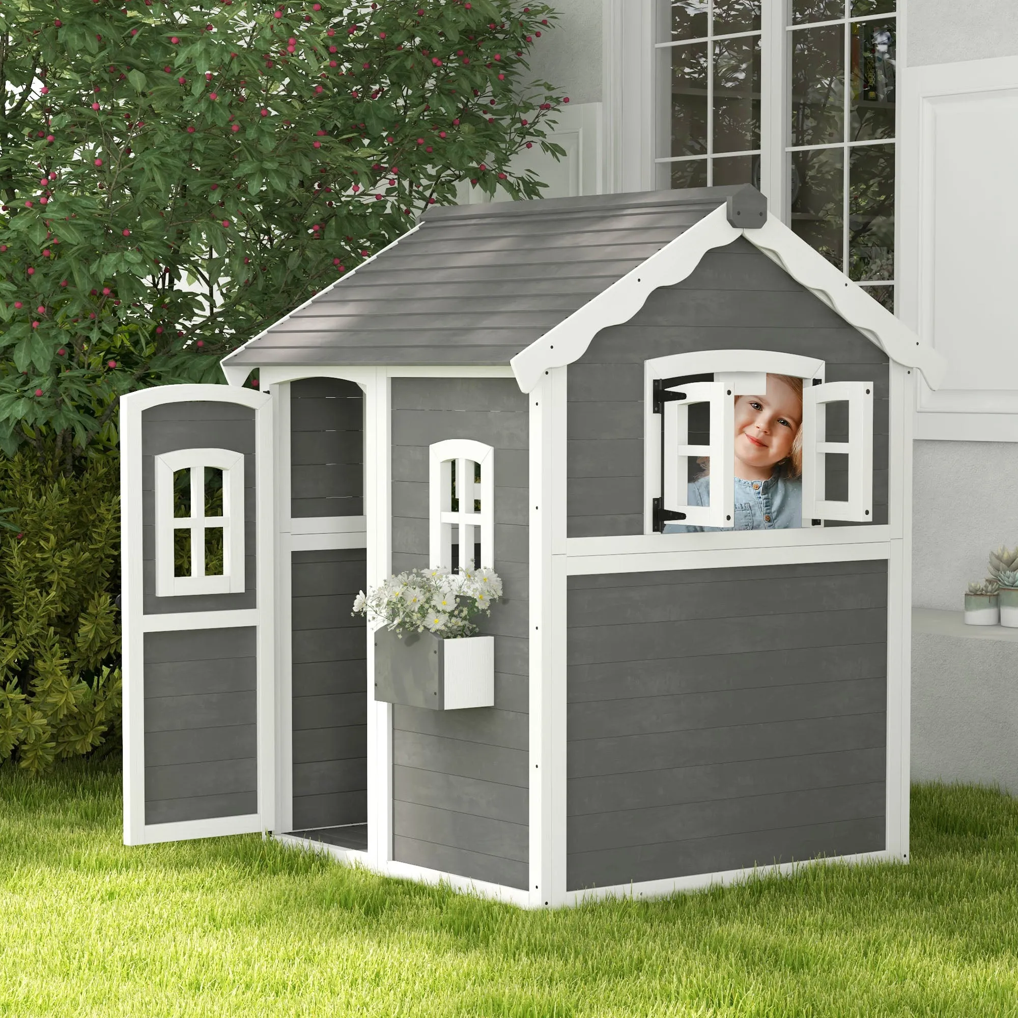 Children's Playhouse for 3-8 Years with 6 Windows and Flower Box, in Fir Wood, 104.5x110x137 cm, Grey - Image 2