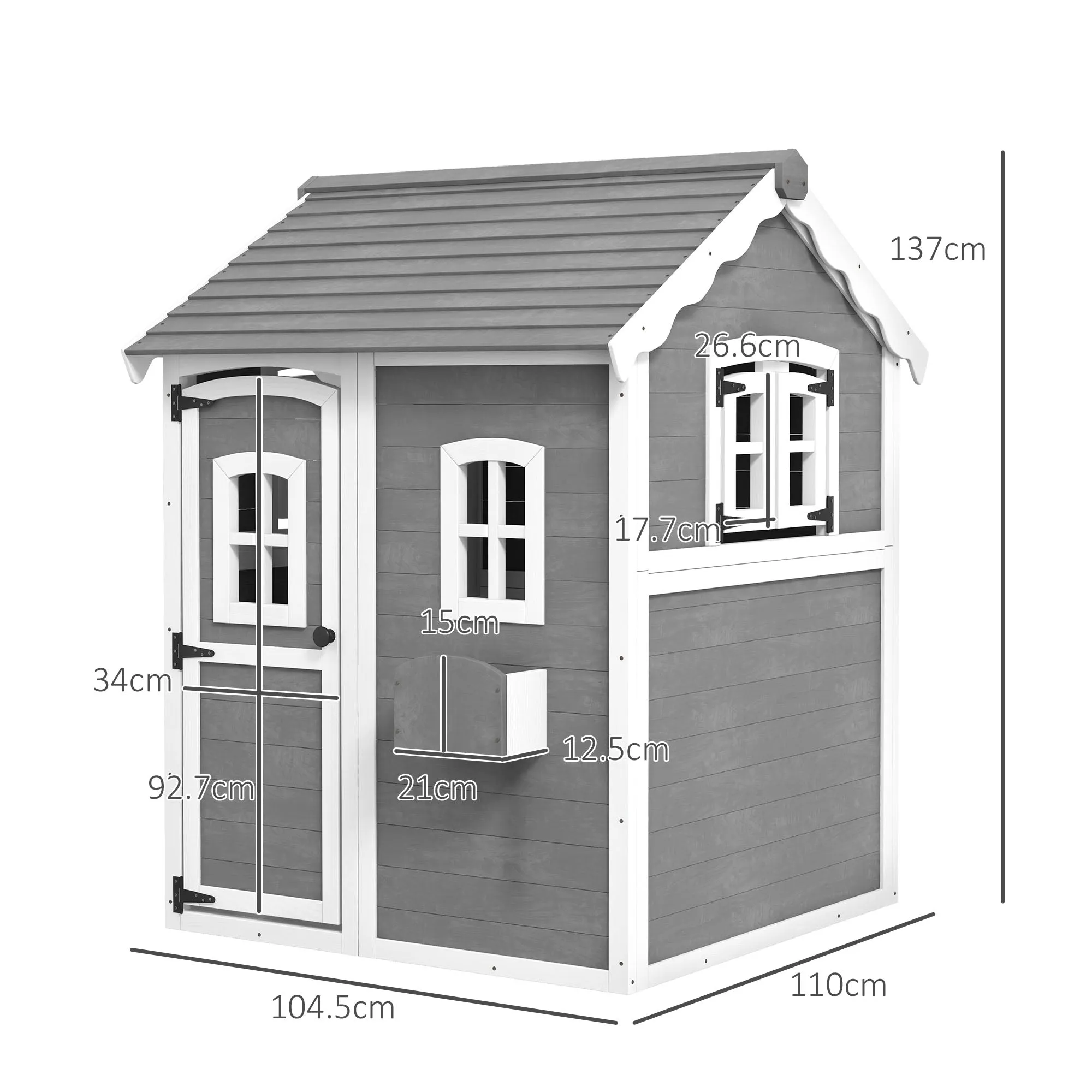 Children's Playhouse for 3-8 Years with 6 Windows and Flower Box, in Fir Wood, 104.5x110x137 cm, Grey - Image 3