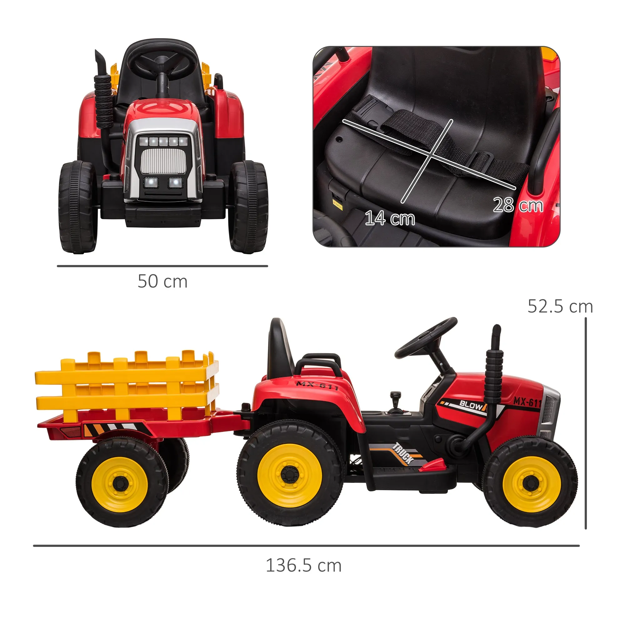 Electric Tractor for Children 3-6 Years with Removable Trailer, 12V Battery and Remote Control, Red - Image 3