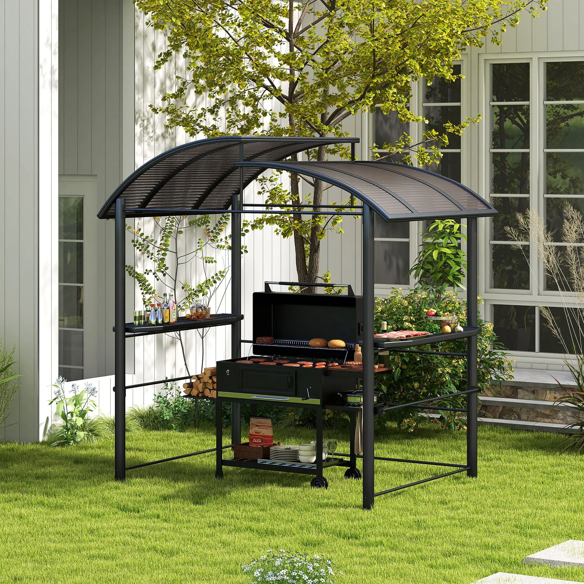 Barbecue Gazebo with Roof and 2 Storage Shelves, Metal and PC, 240x150x230cm, Dark Grey - Image 2