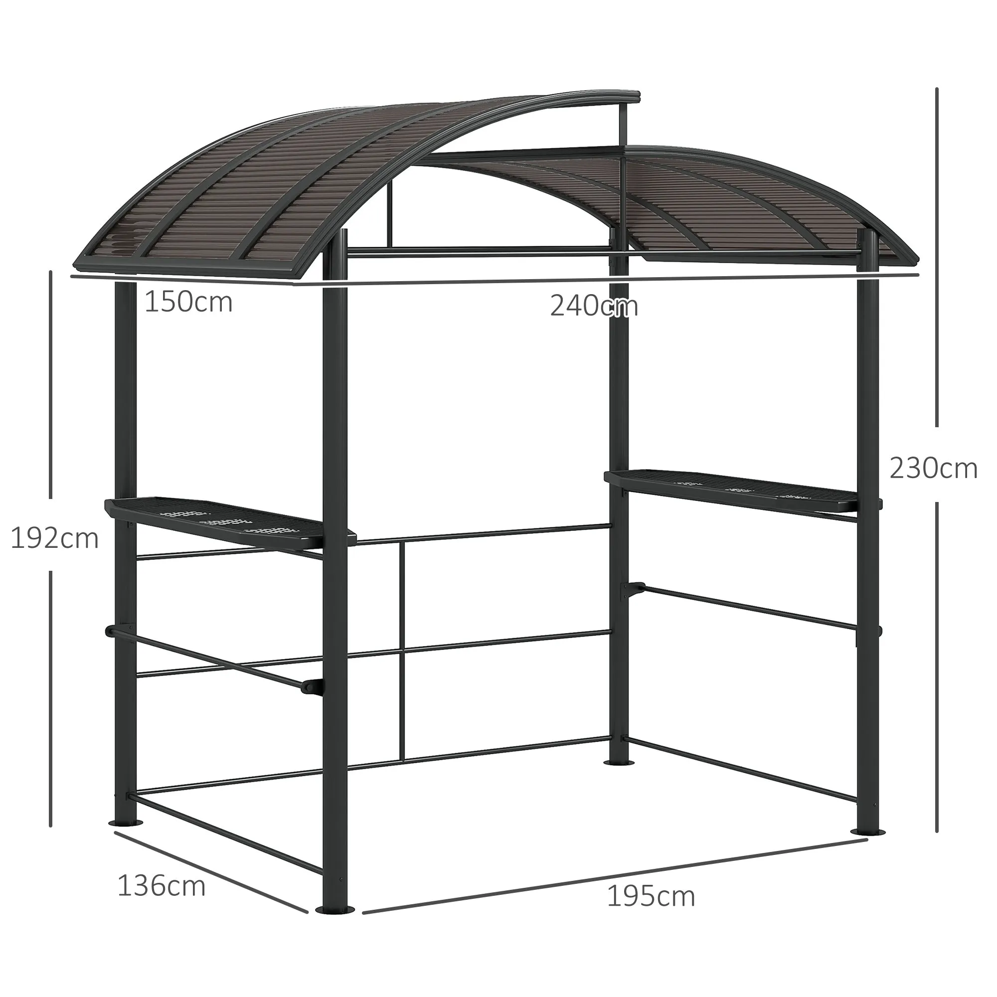 Barbecue Gazebo with Roof and 2 Storage Shelves, Metal and PC, 240x150x230cm, Dark Grey - Image 3